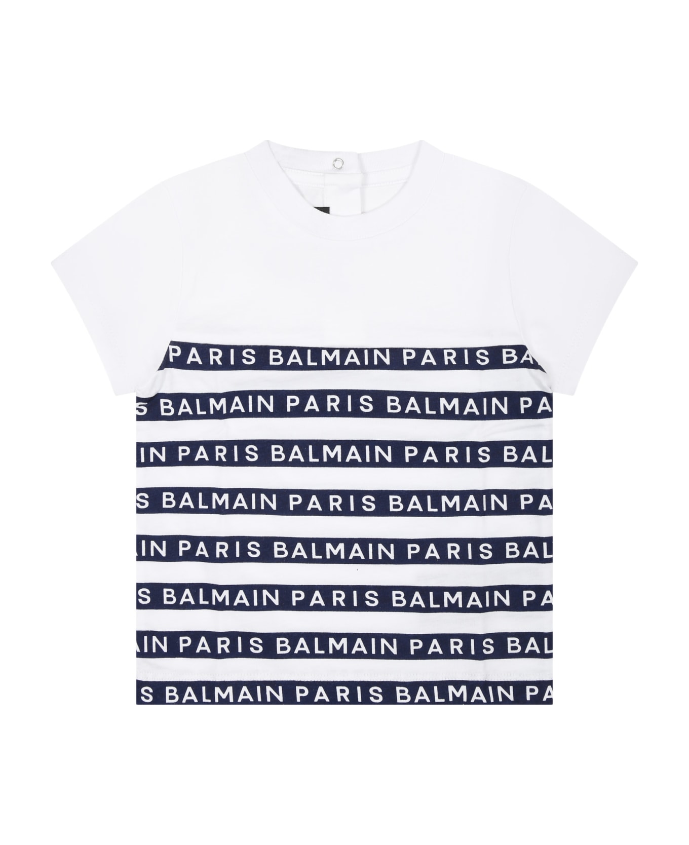 Balmain White T-shirt For Baby Boy With Blue Stripes And Logo - White