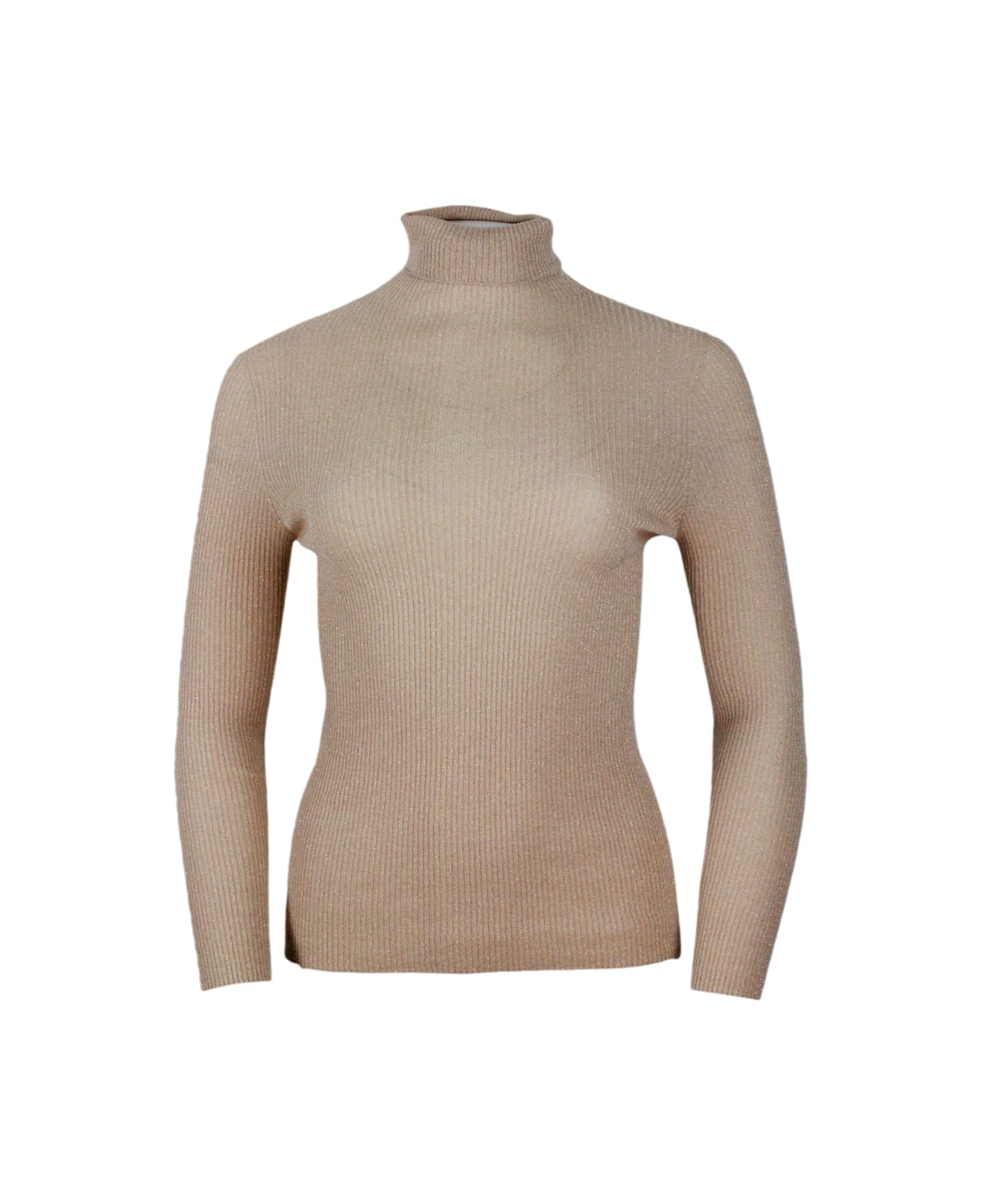 Fabiana Filippi Long-sleeved Turtleneck Sweater In Merino Lamè Embellished With Shiny Lurex That Gives Brightness - Camel Gold