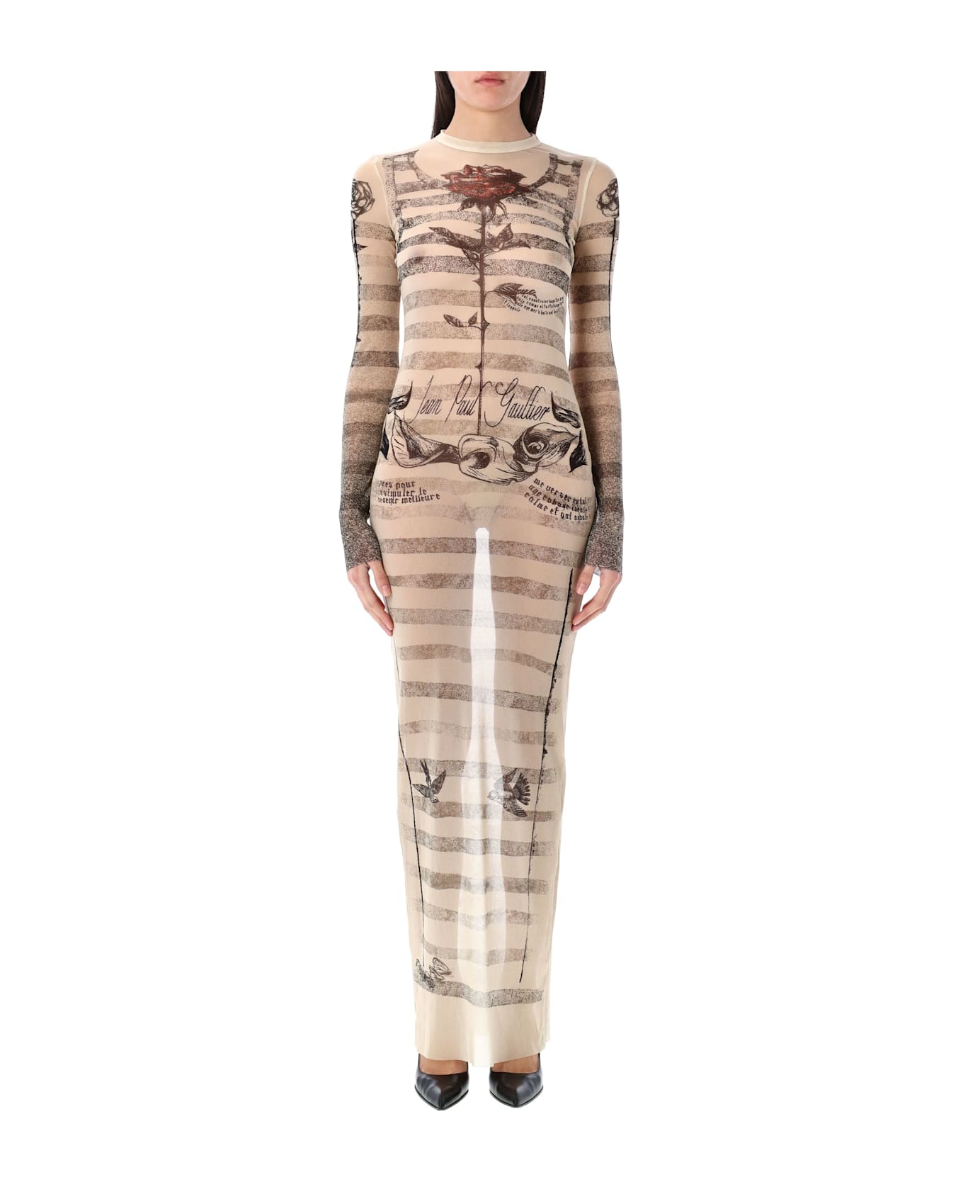 Jean Paul Gaultier Mesh Tatoo Mariner Long Dress - ECRU BLACK RED