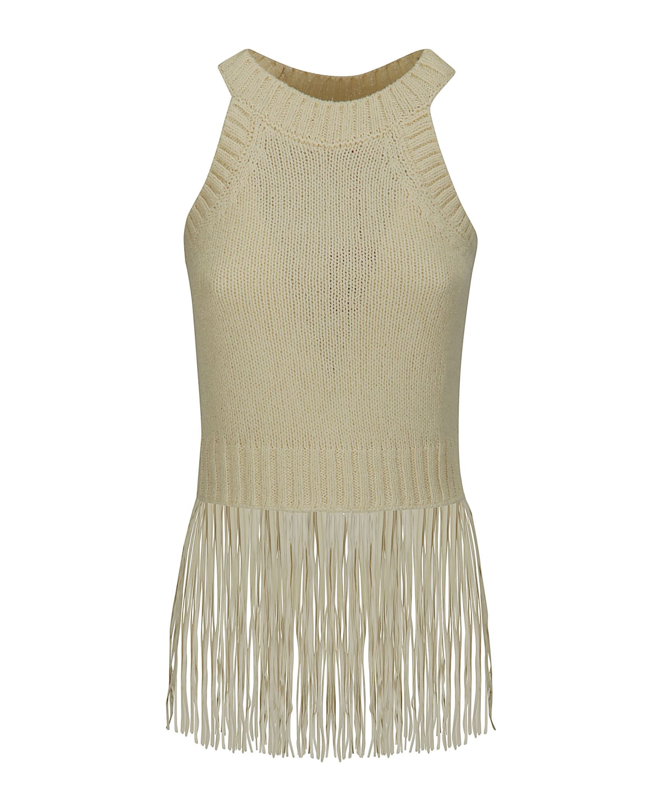 Wild Cashmere Cropped Top Tank With Suede Frings - OFF-WHITE