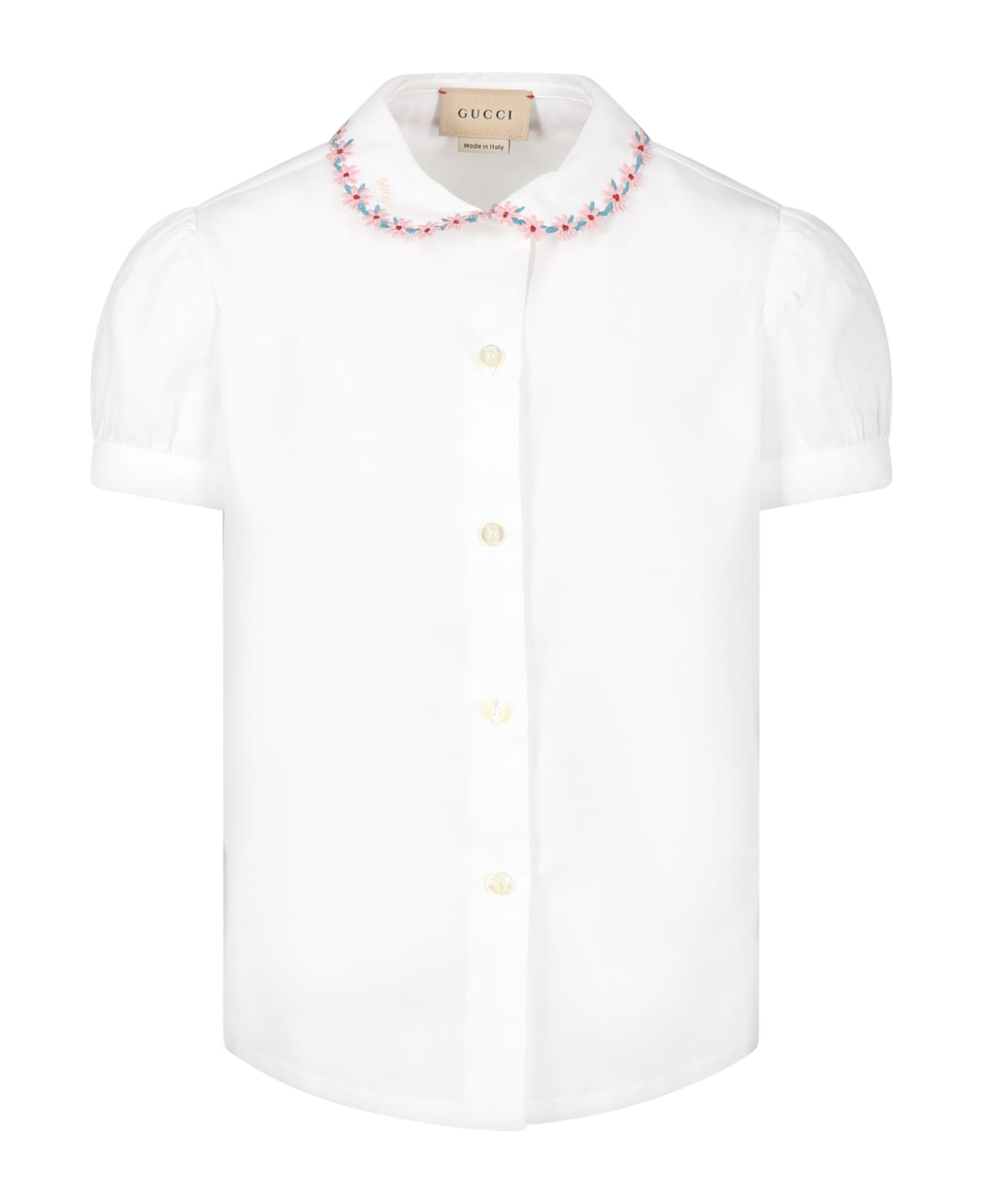 Gucci White Shirt For Girl With Embroidered Flowers And Logo - White