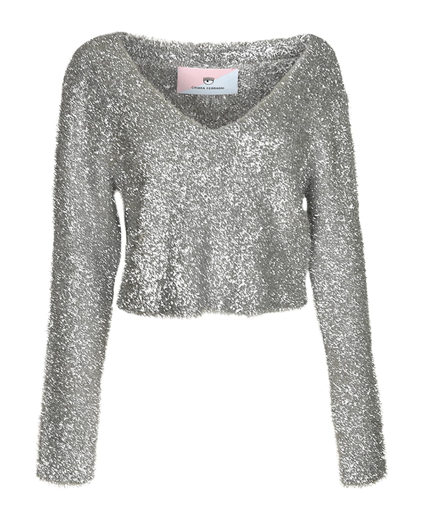 Chiara Ferragni Glittery V-neck Cropped Jumper - Silver