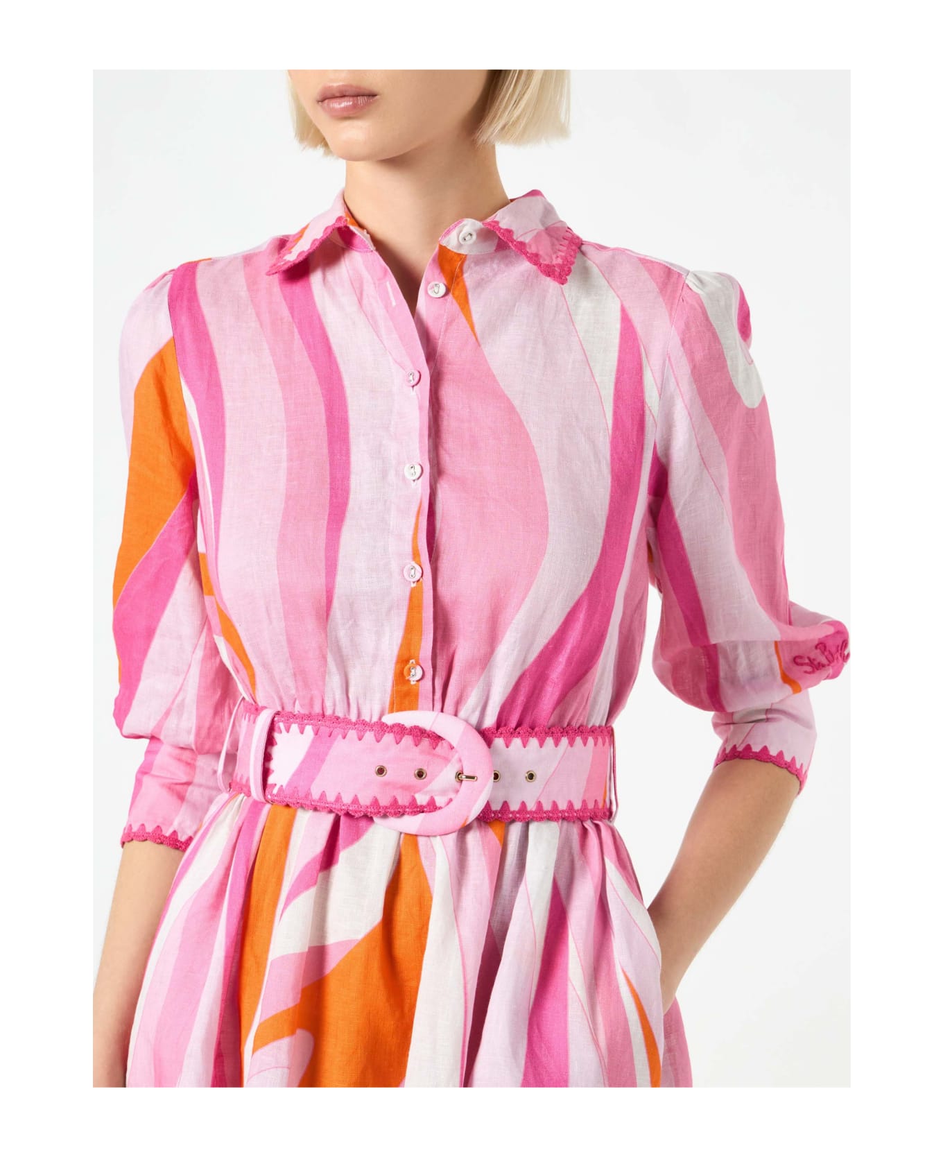 MC2 Saint Barth Shape Wave Print Linen Short Dress Daisy - PINK