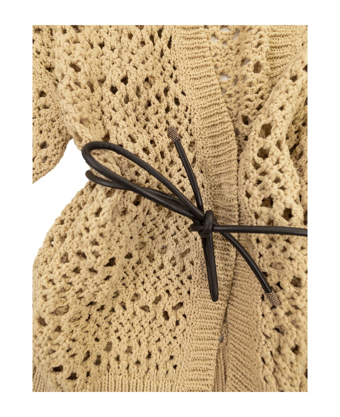 Brunello Cucinelli Net Cotton Cardigan With Leather Belt - Ochre