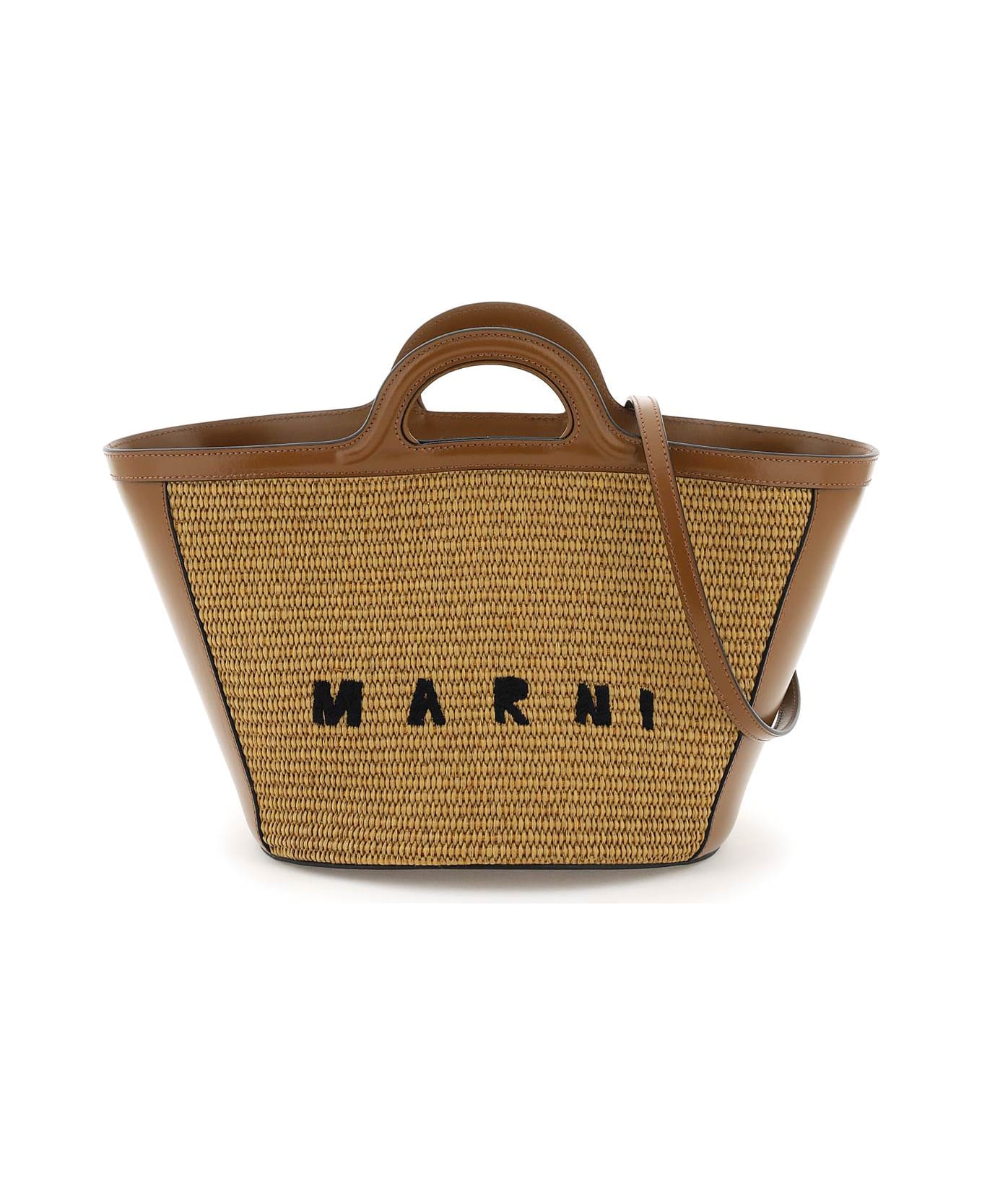Marni Brown Leather Blend Tropical Bag - Ecru トートバッグ