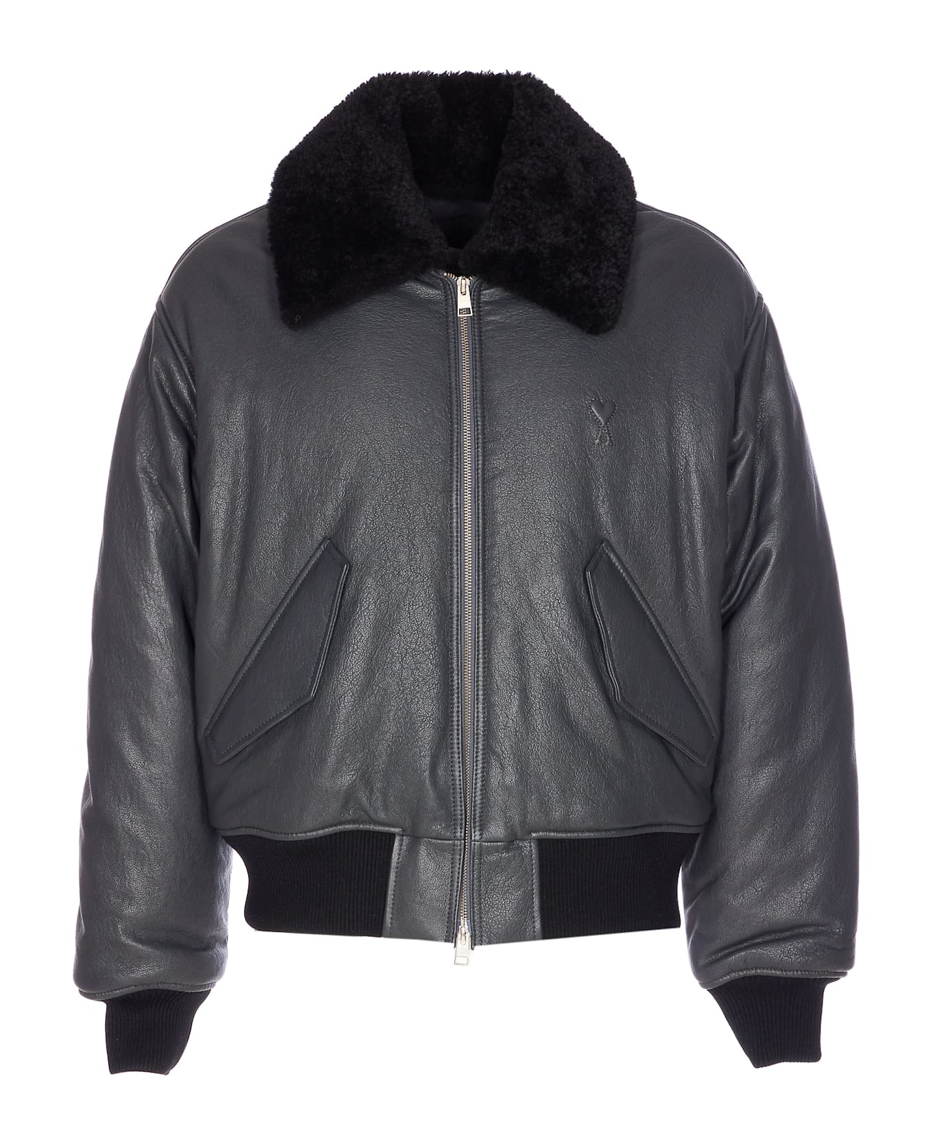 Ami Alexandre Mattiussi Ami De Coeur Leather Bomber - Grey