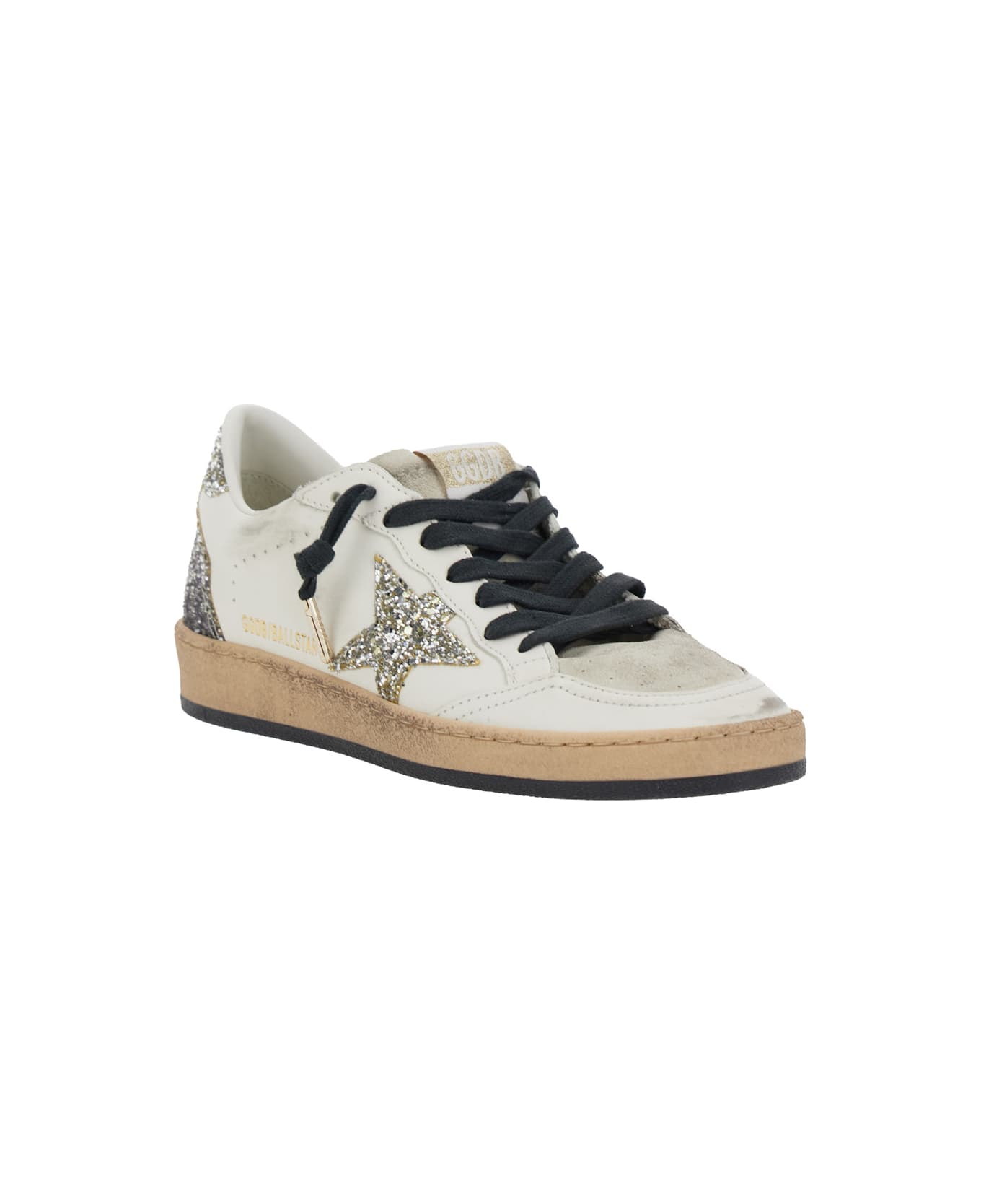 Golden Goose 'ballstar' White Low Top Sneakers With Glittered Star Patch On The Side And Glittered Heel With Logo Lettering In Leather Woman - White