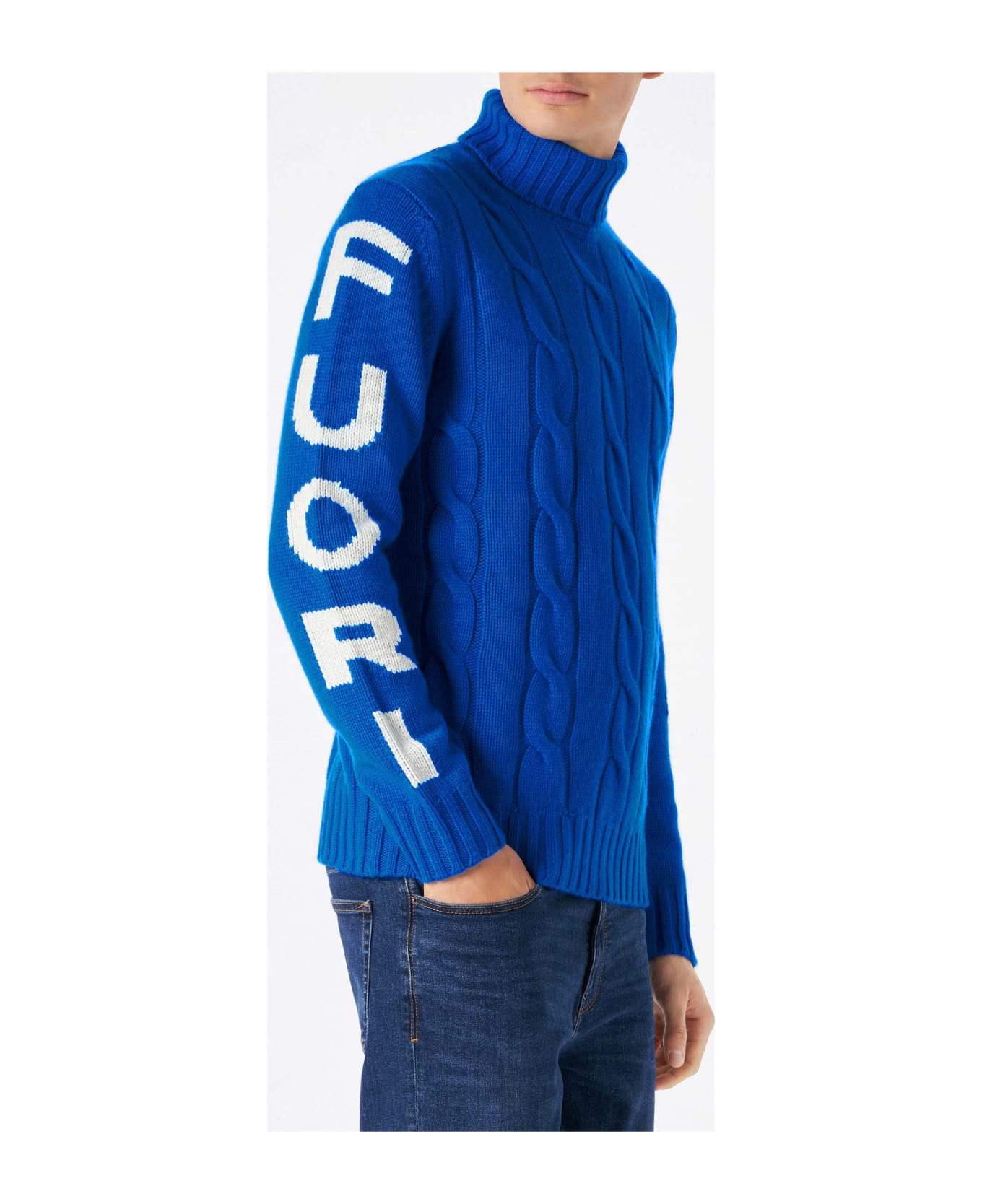 MC2 Saint Barth Man Turtleneck Braided Sweater With Fuori Pista Print - BLUE