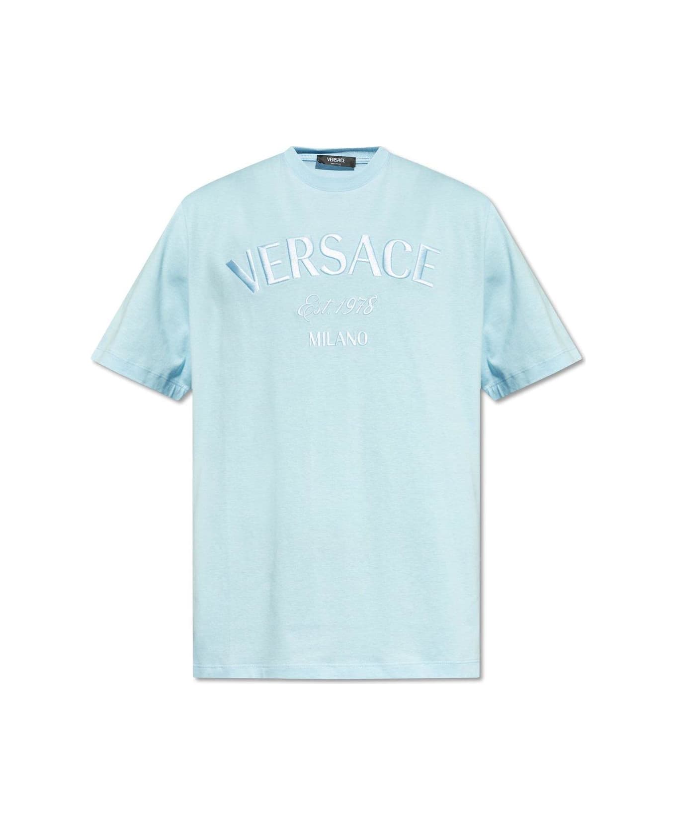 Versace Logo-embroidered Crewneck T-shirt - AZURE シャツ