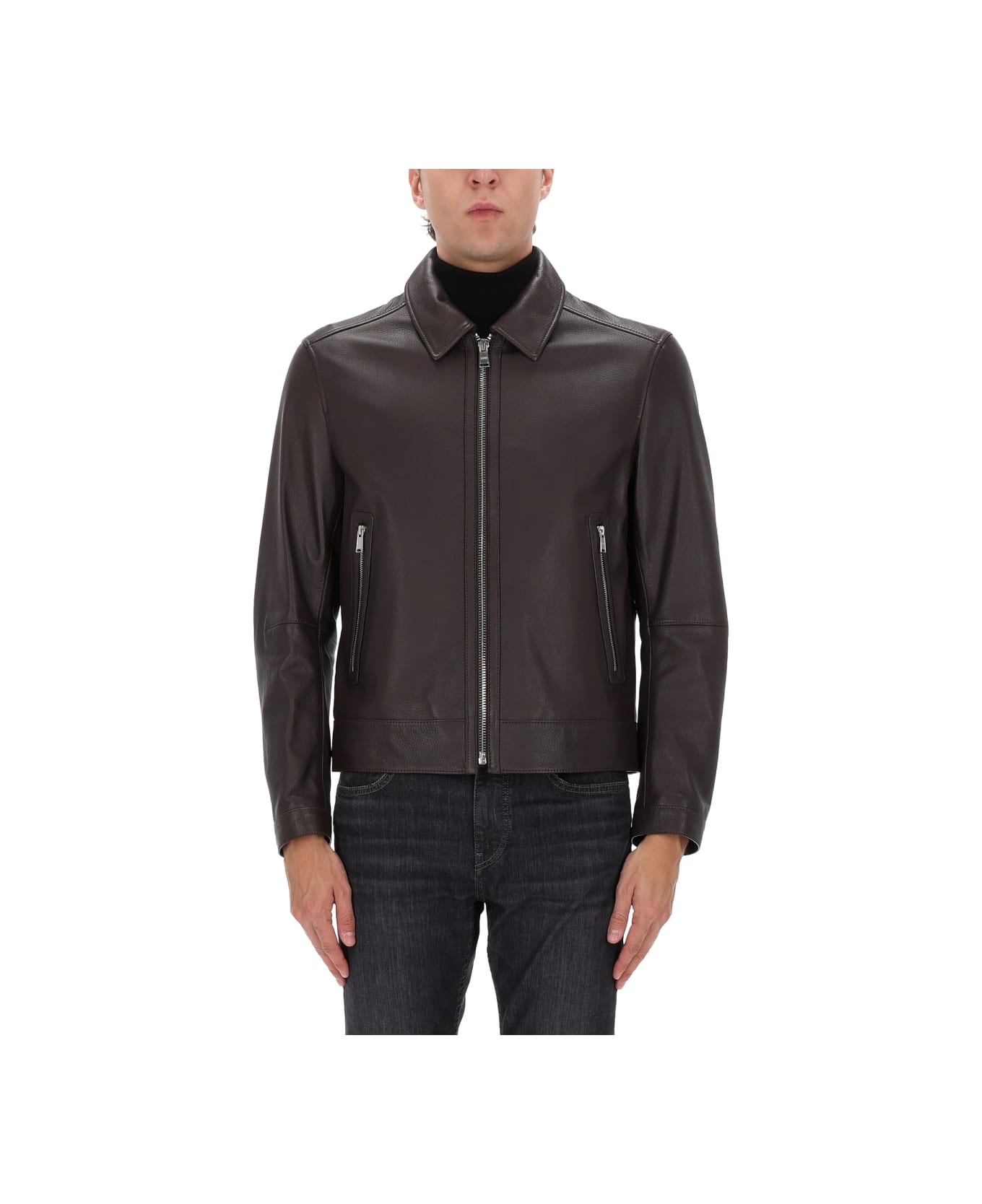 Hugo Boss Leather Jacket - BROWN