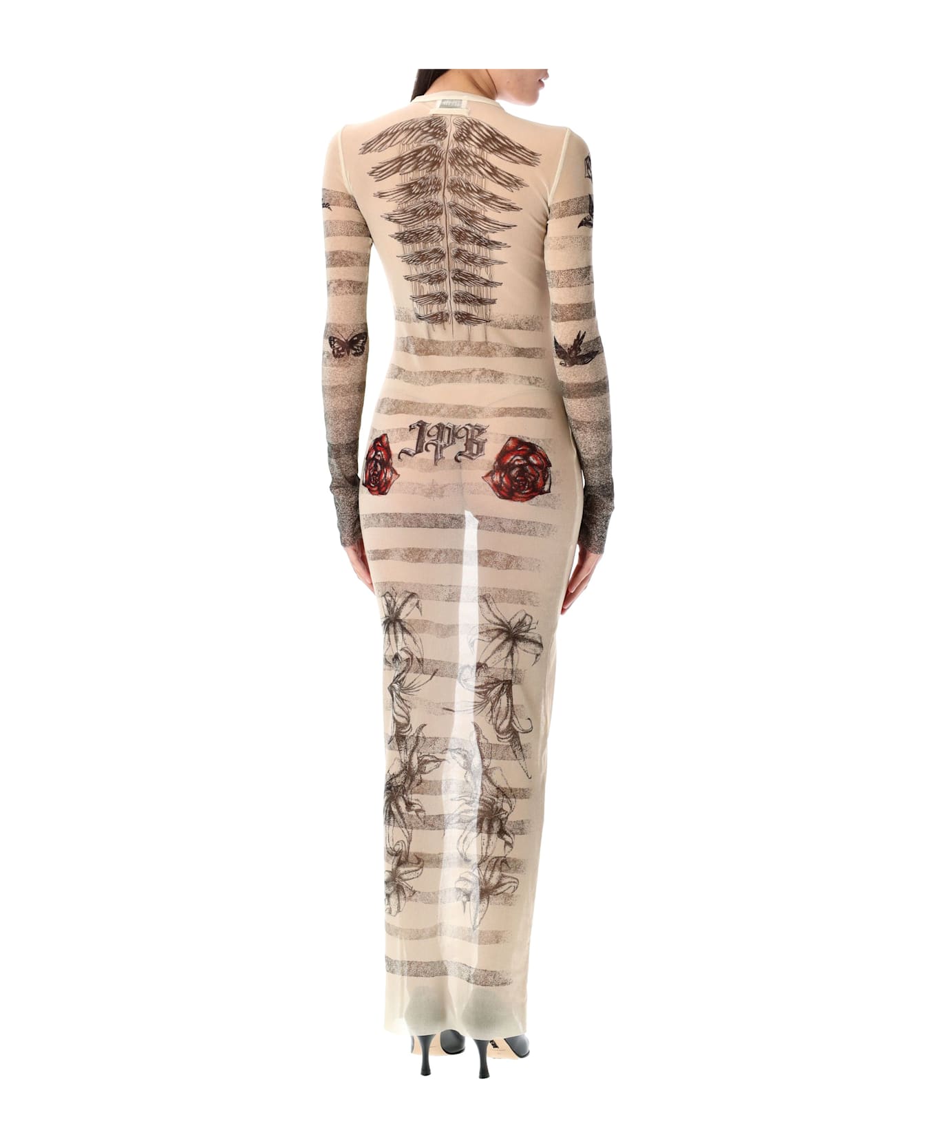 Jean Paul Gaultier Mesh Tatoo Mariner Long Dress - ECRU BLACK RED