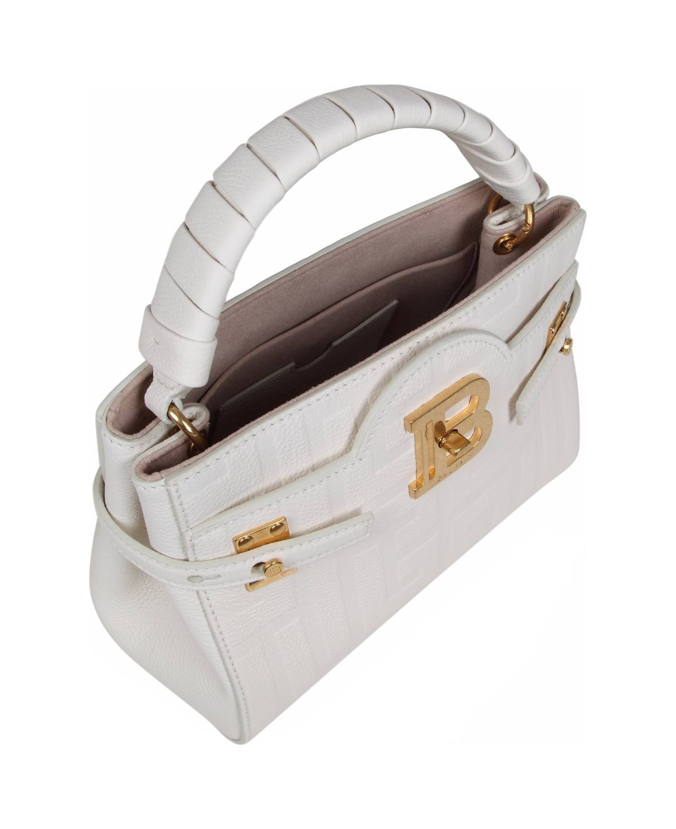 Balmain Bbuzz Handbag In Monogram Leather - WHITE