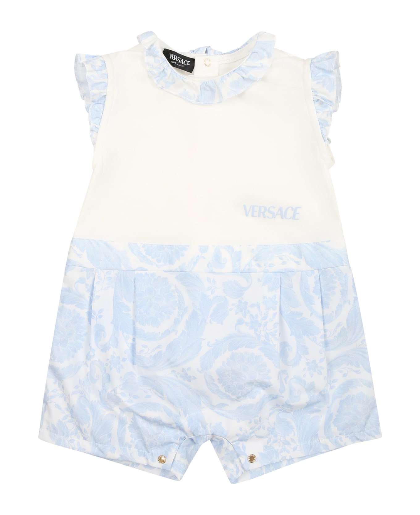 Versace Light Blue Romper For Babies With Baroque Print - Light Blue