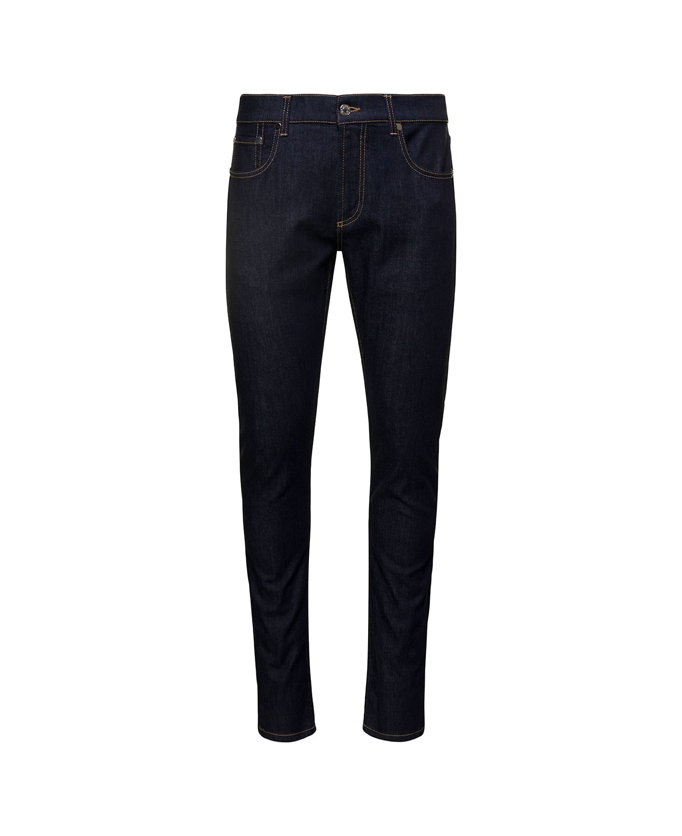 Alexander McQueen Blue Tight Pants With Metallic Logo Patch And Contrasting Stitching In Cotton Denim Man - Blu デニム