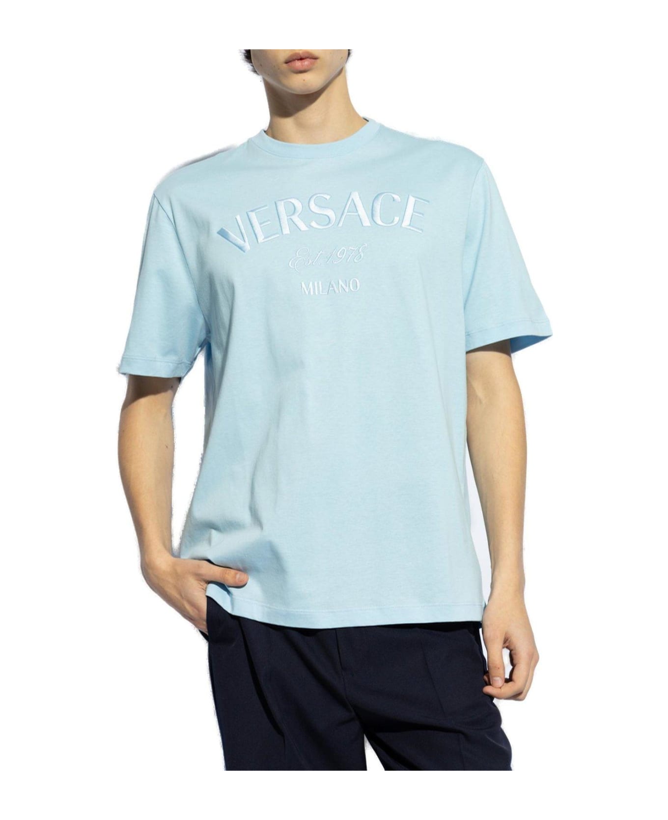 Versace Logo-embroidered Crewneck T-shirt - AZURE