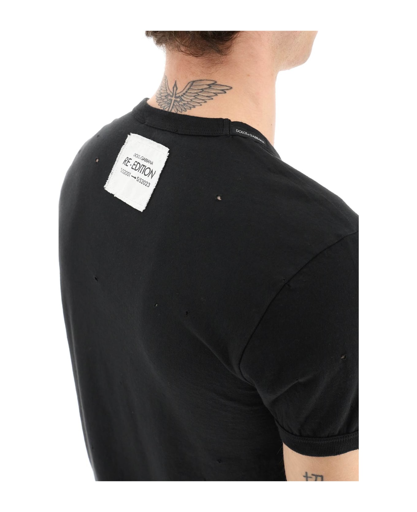 Dolce & Gabbana T-shirt With All-over Rips And Ri-edition Logo Patch - Black