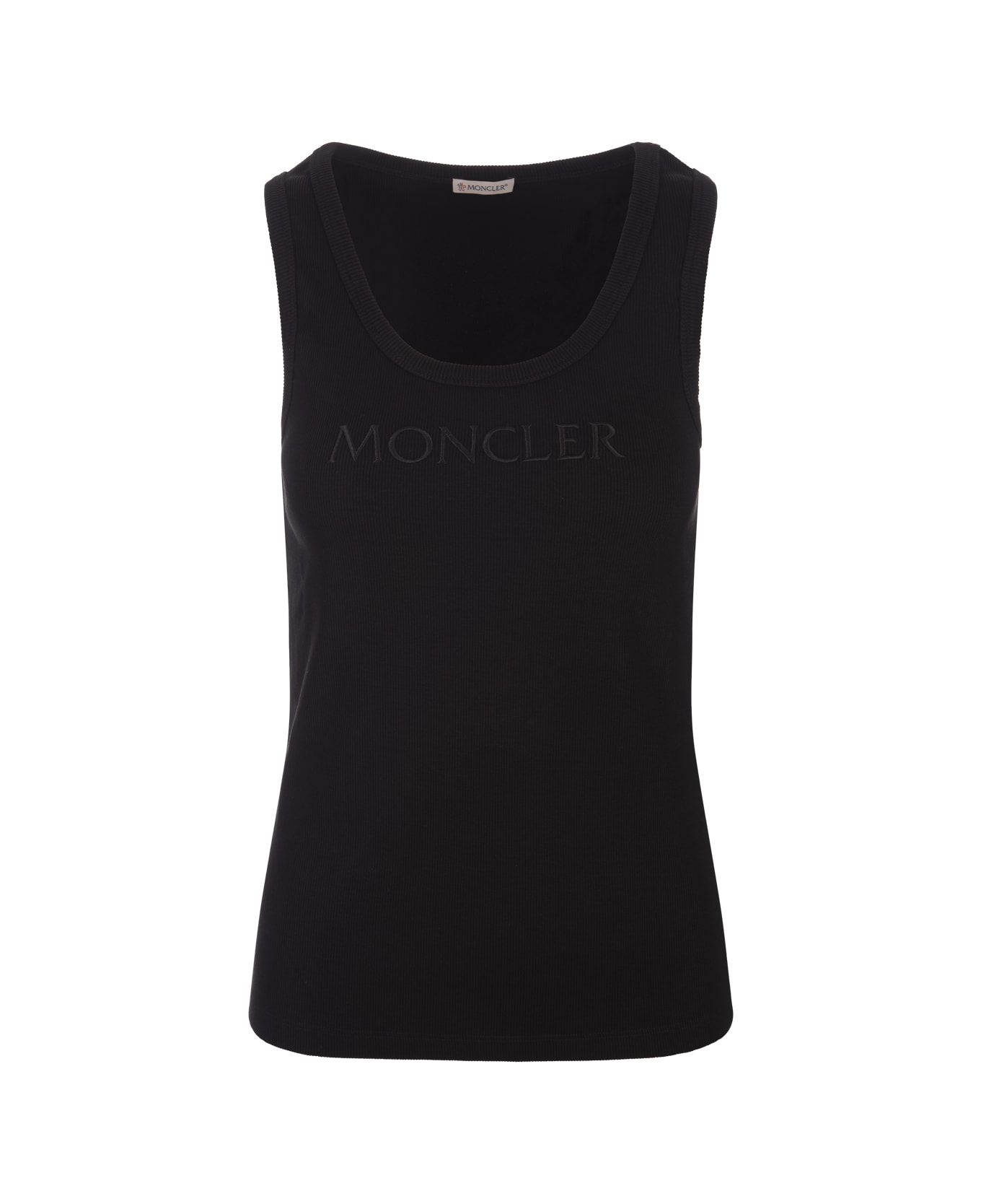 Moncler Black Ribbed Top With Logo In Tone - Black