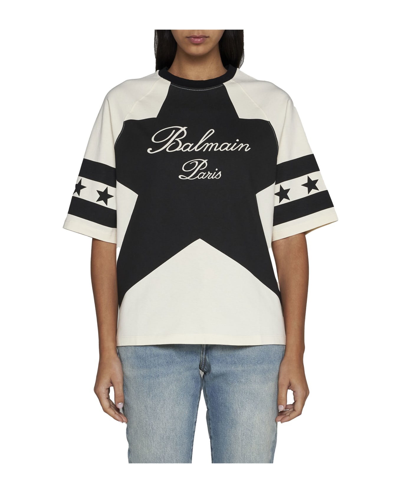 Balmain Cropped T-shirt With Star And Logo Prints - Creme/noir