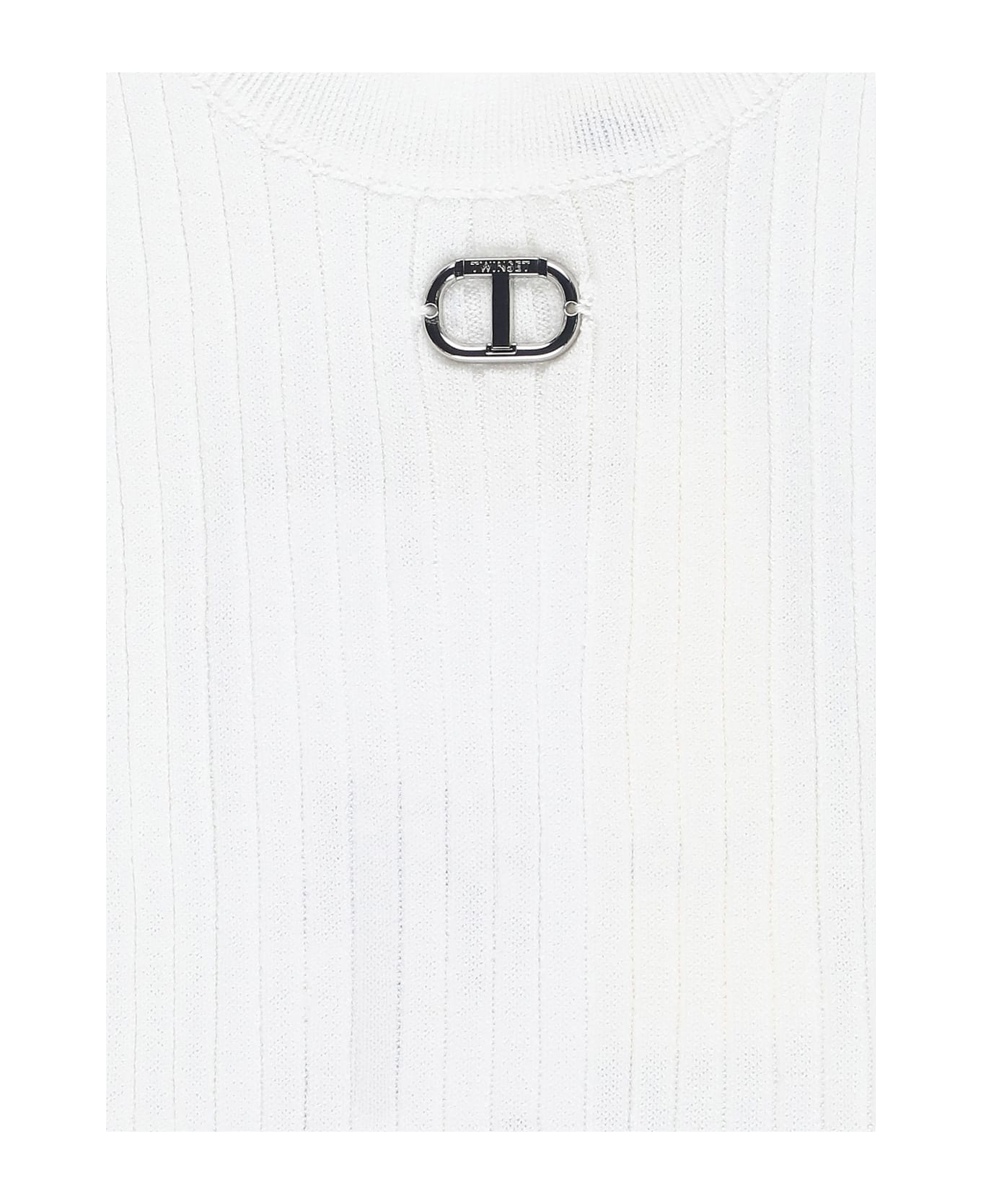 TwinSet Ribbed Top With Logo - White