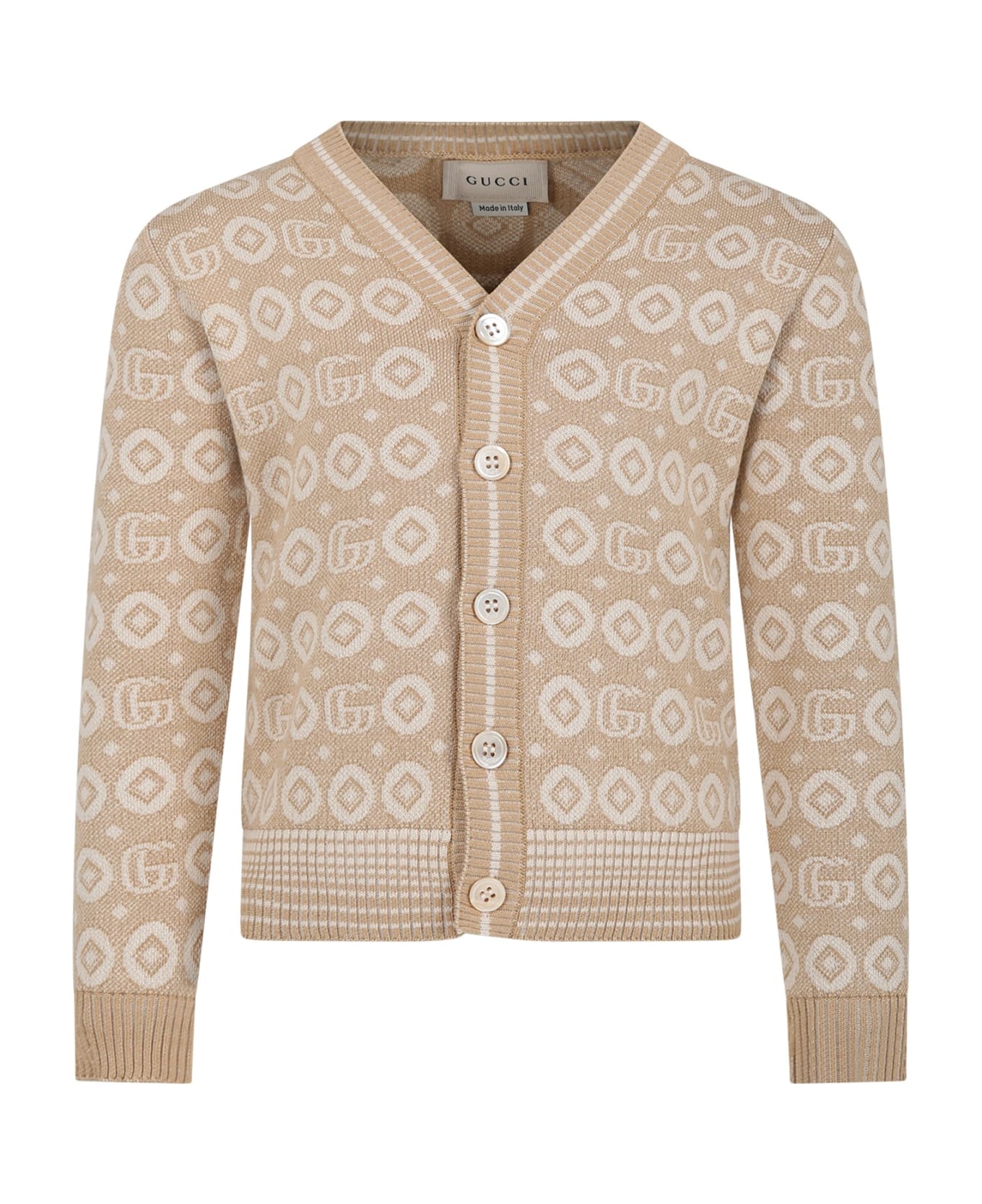 Gucci Beige Cardigan For Boy With Double G - Beige ニットウェア＆スウェットシャツ