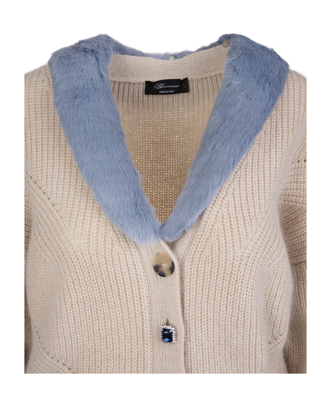 Blumarine Beige Wool Cardigan With Blue Eco-fur Blumarine - MULTICOLOR
