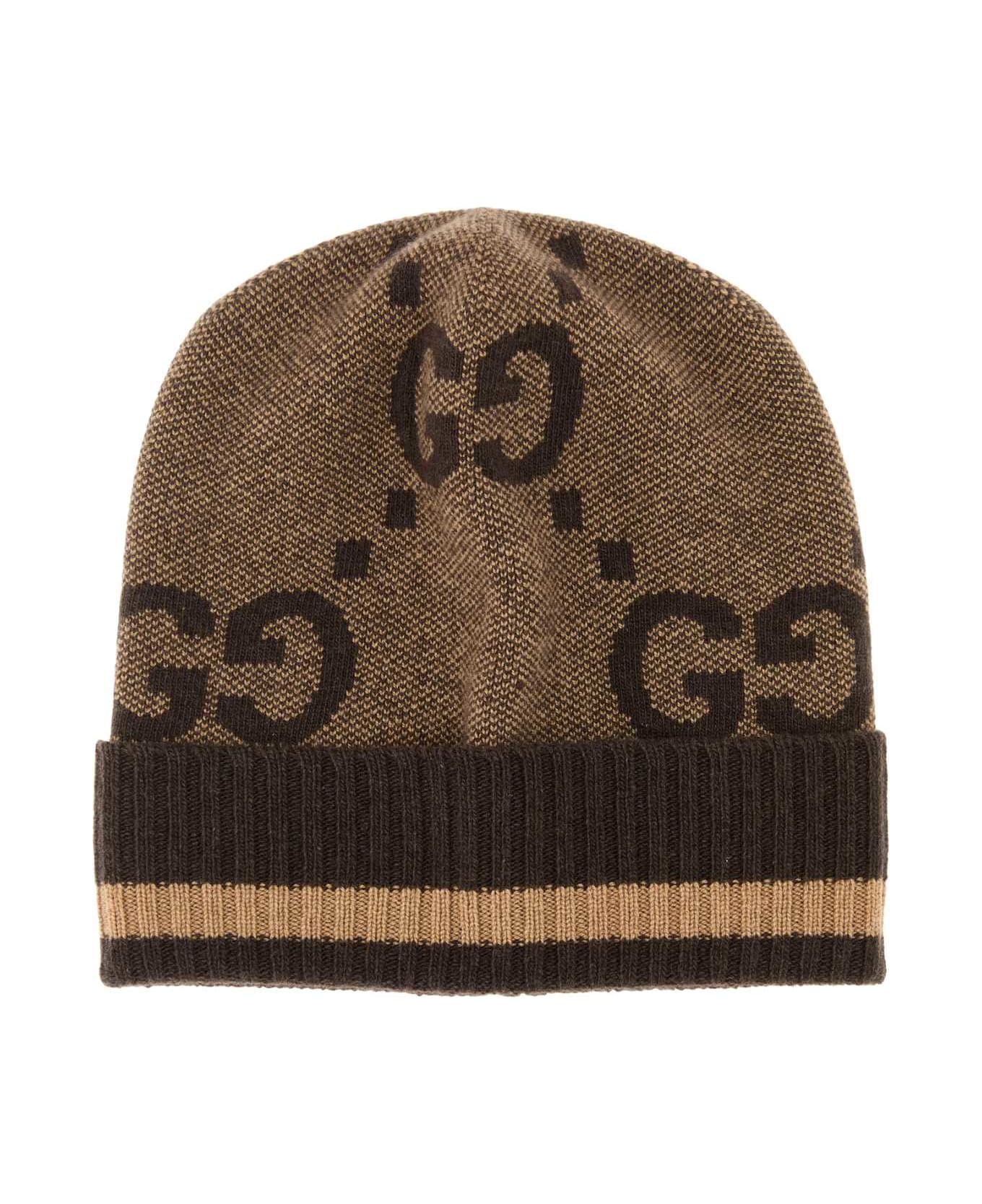 Gucci Embroidered Cashmere Beanie Hat - BEIGEDARKBROWN