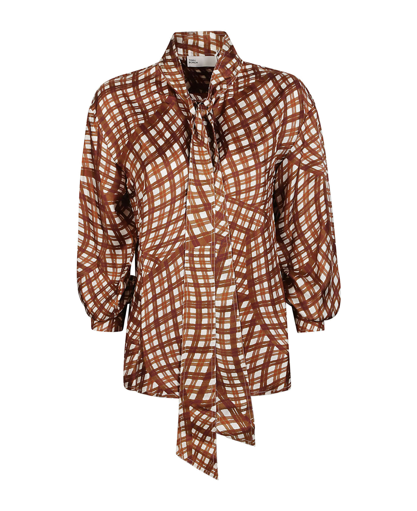 Tory Burch Bow Printed Blouse - Brown Warped Gingham