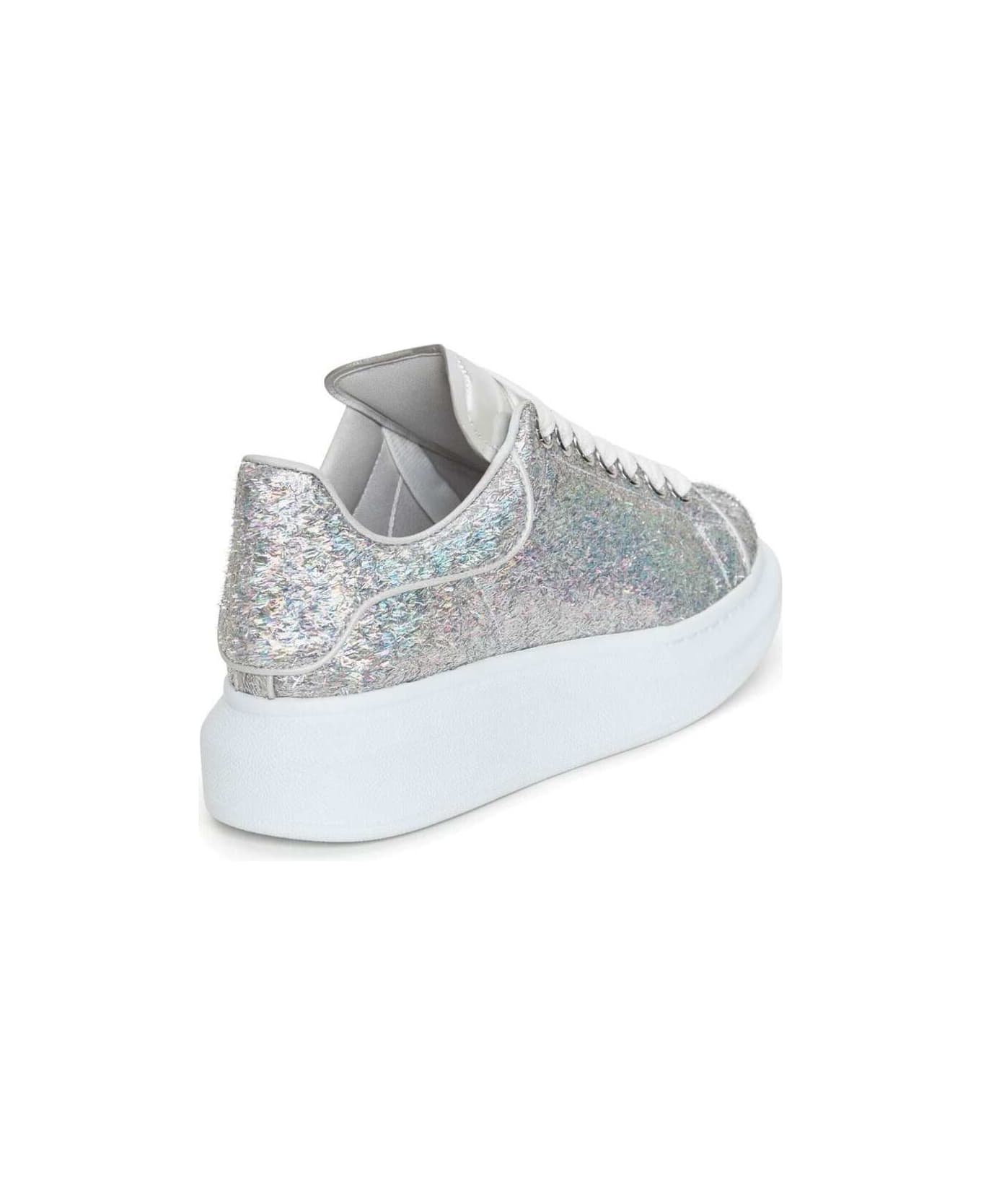 Alexander McQueen Silver Low Top Sneakers With All-over Glitters And Oversized Platform In Faux Leather Woman - Metallic