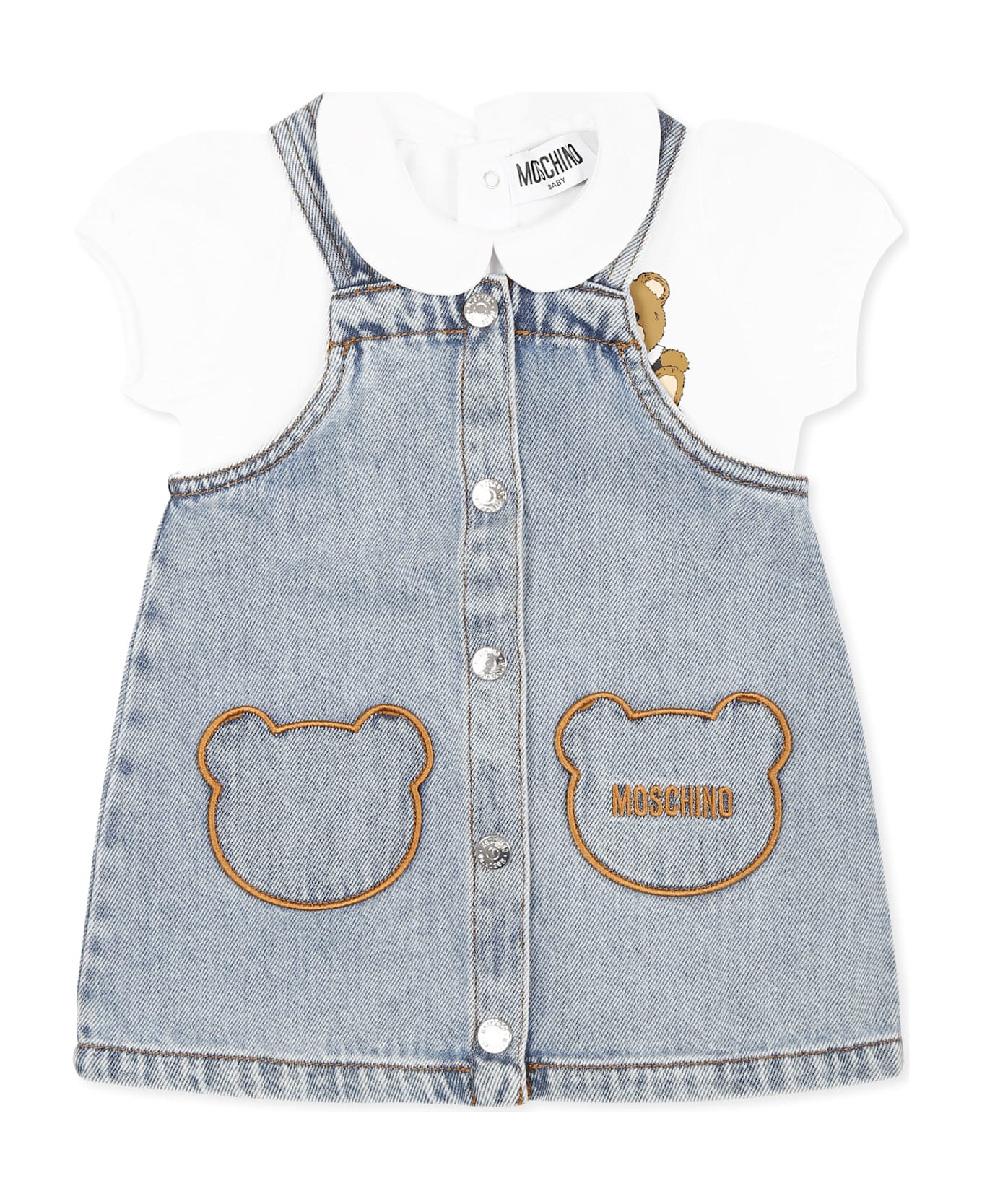 Moschino Denim Dungarees For Baby Girl With Teddy Bear - Denim