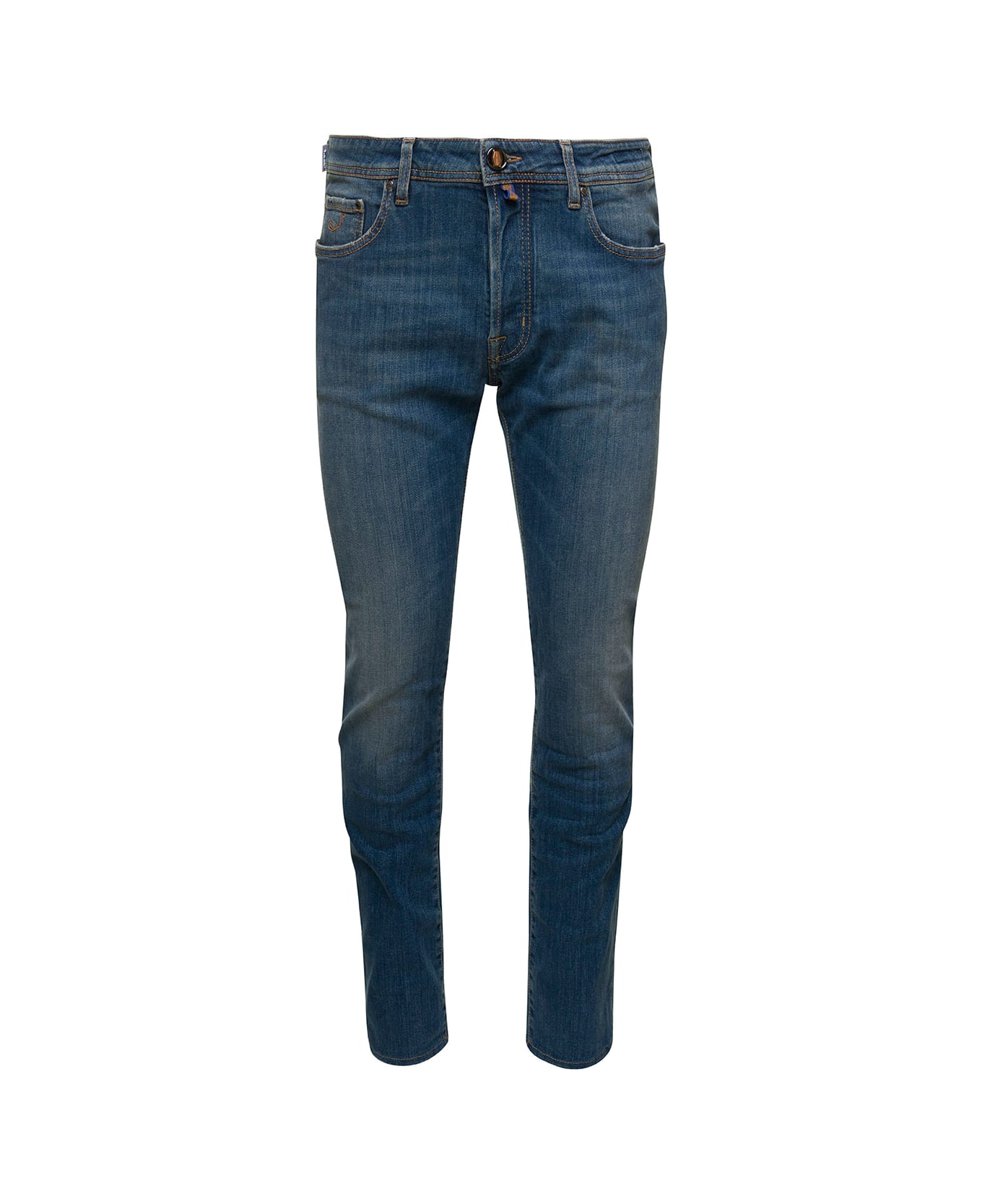Jacob Cohen Blue Five-pocket Jeans With Branded Bandanna In Stretch Cotton Denim Man - Blu