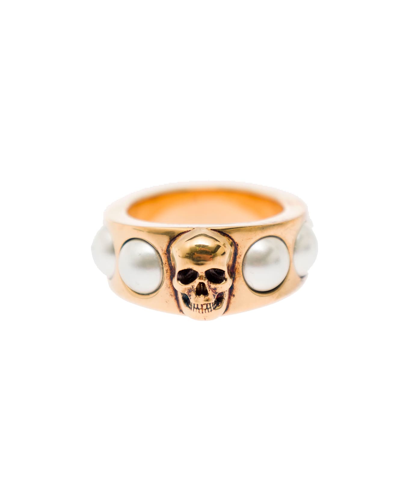 Alexander McQueen Antique Gold-tone Ring With Skull And Pearl Embellishment In Brass - Metallic