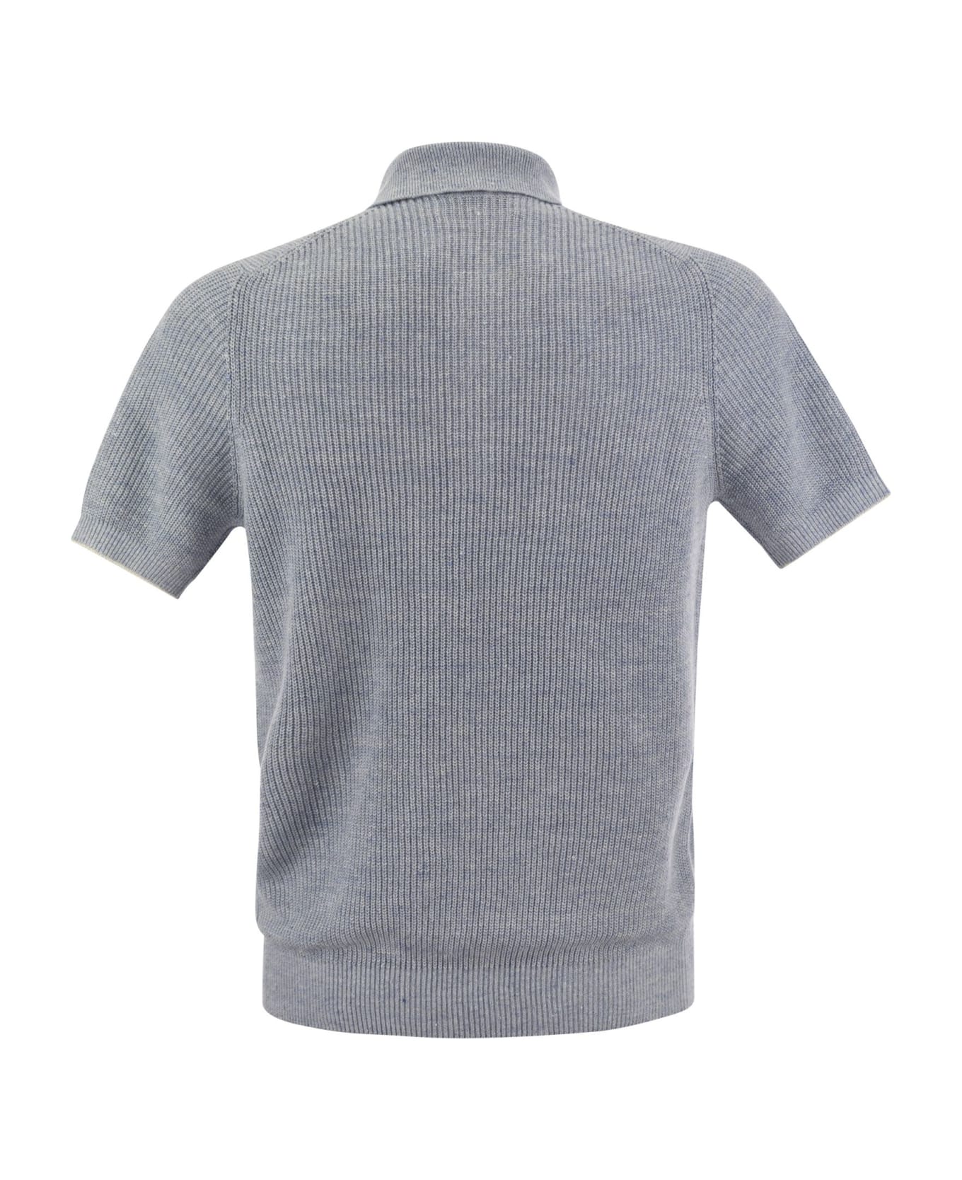 Brunello Cucinelli Linen And Cotton Half-rib Knit Polo Shirt - Light Blue