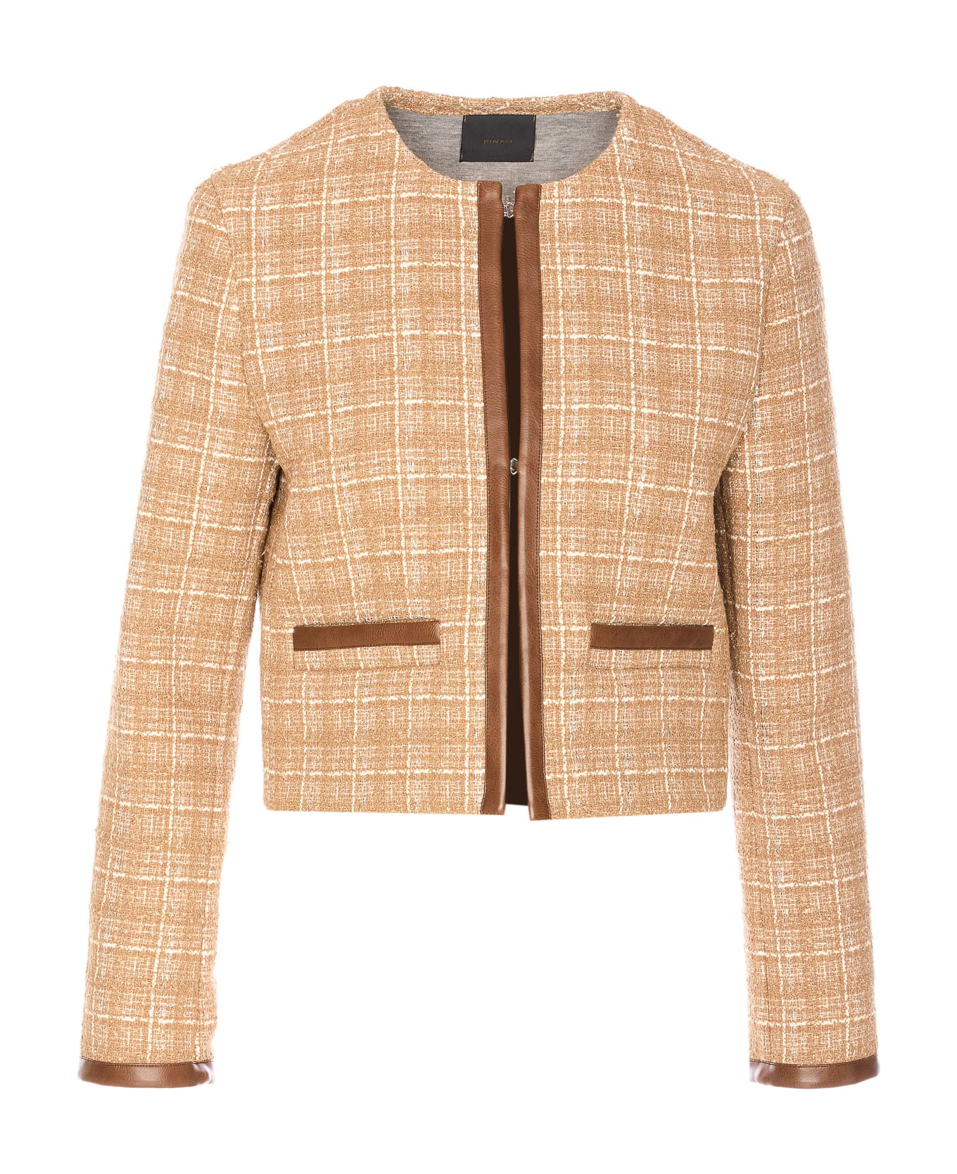 Pinko Cropped Tweed And Faux Leather Jacket - Beige