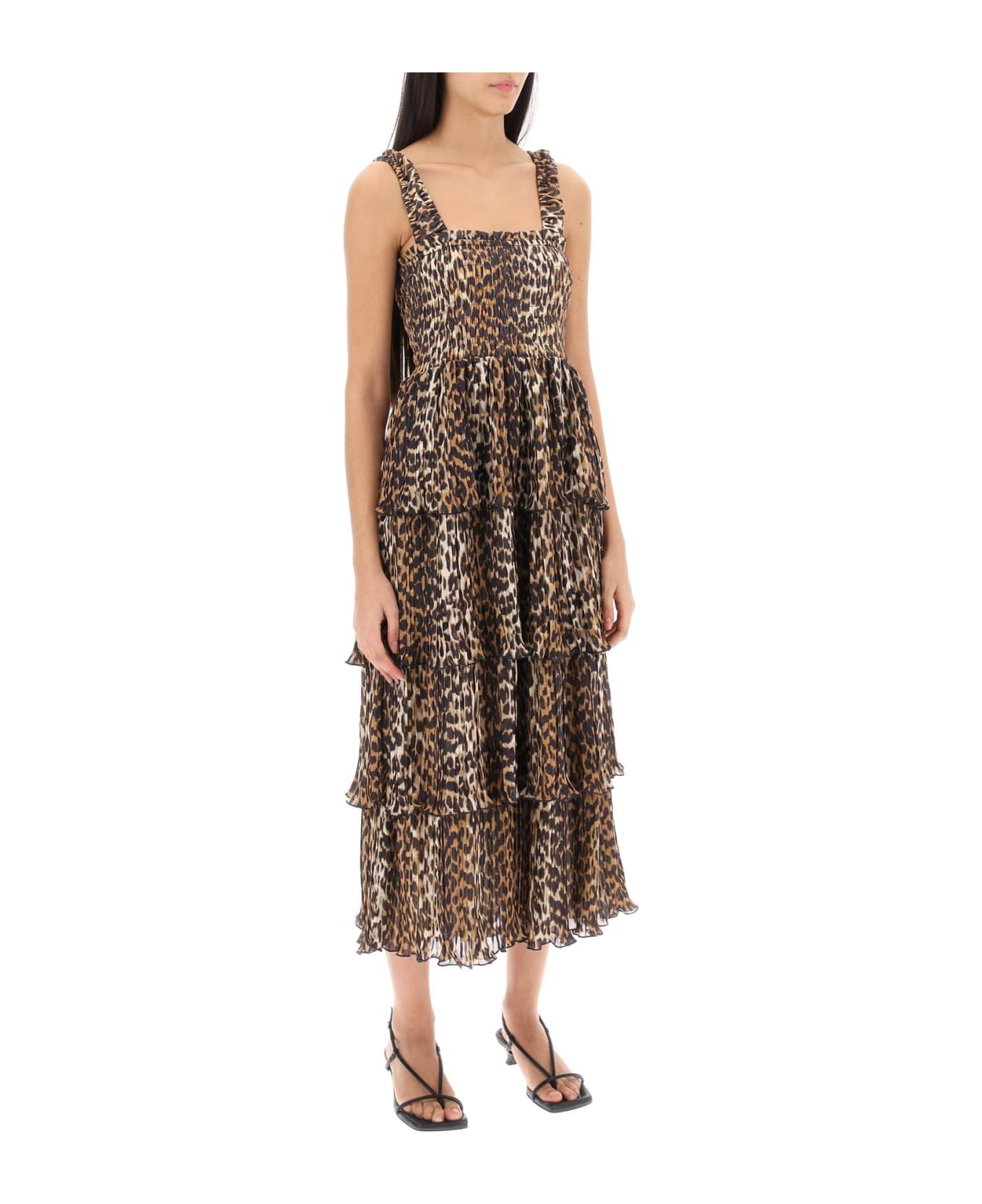 Ganni Leopard Flounce Long Dress - Almond Milk