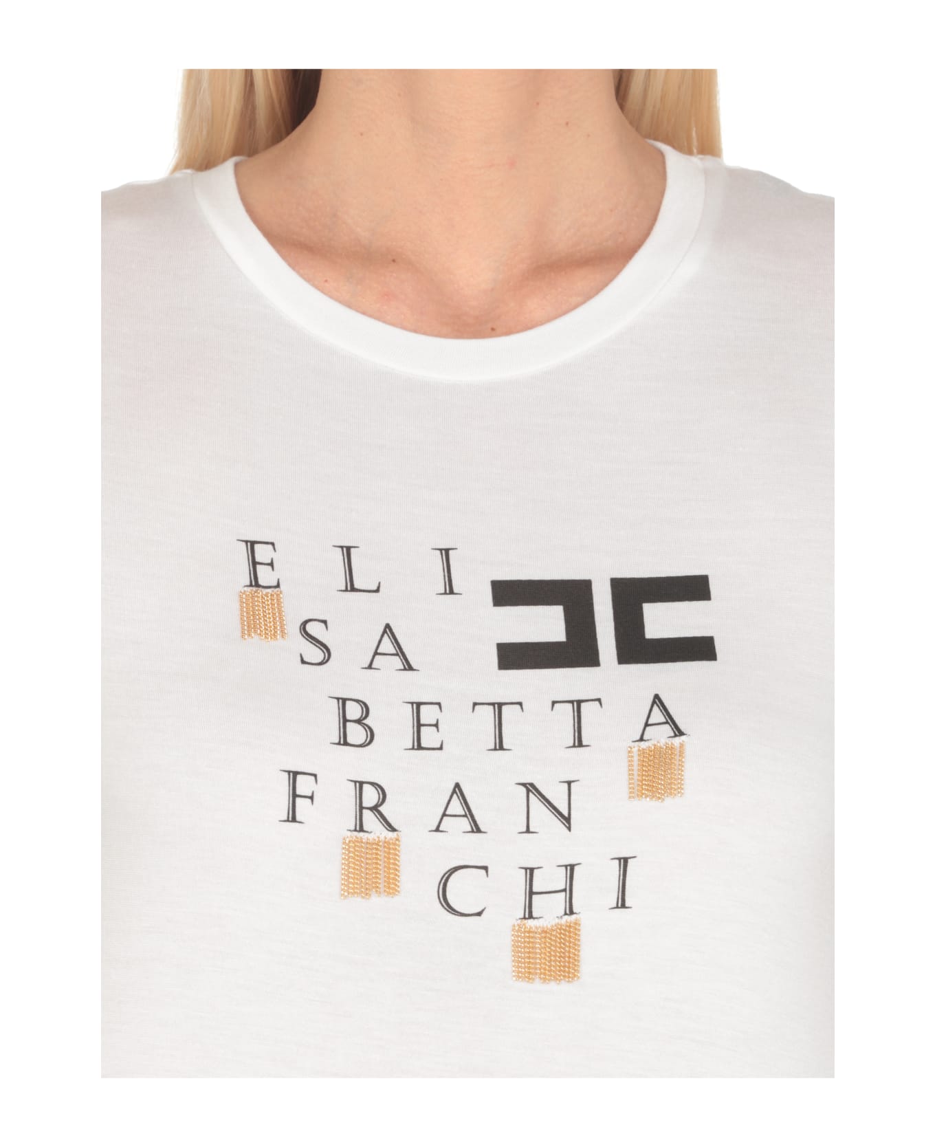 Elisabetta Franchi T-shirt With Logo And Fringes - White