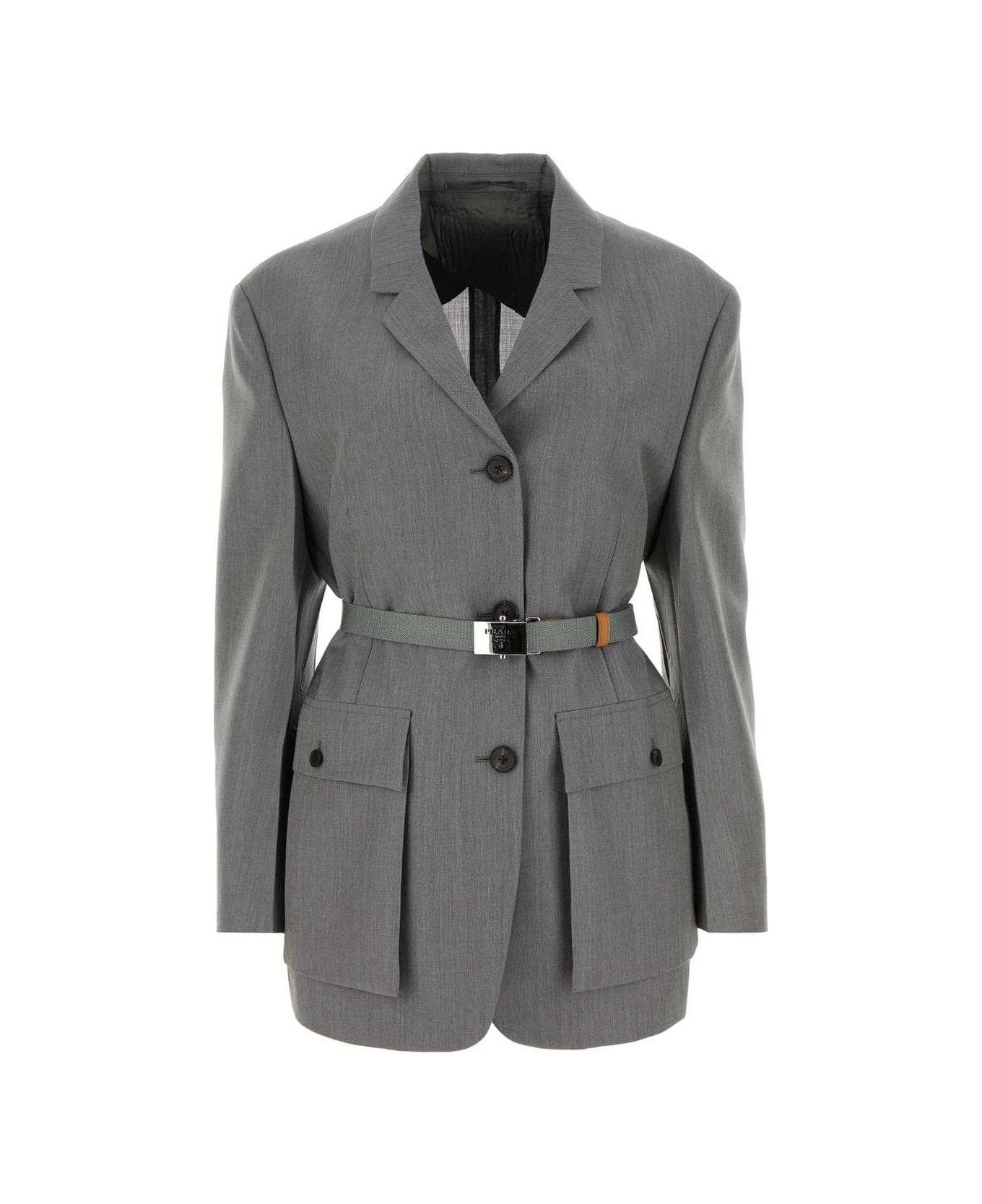 Prada Button-up Belted Jacket - Grey