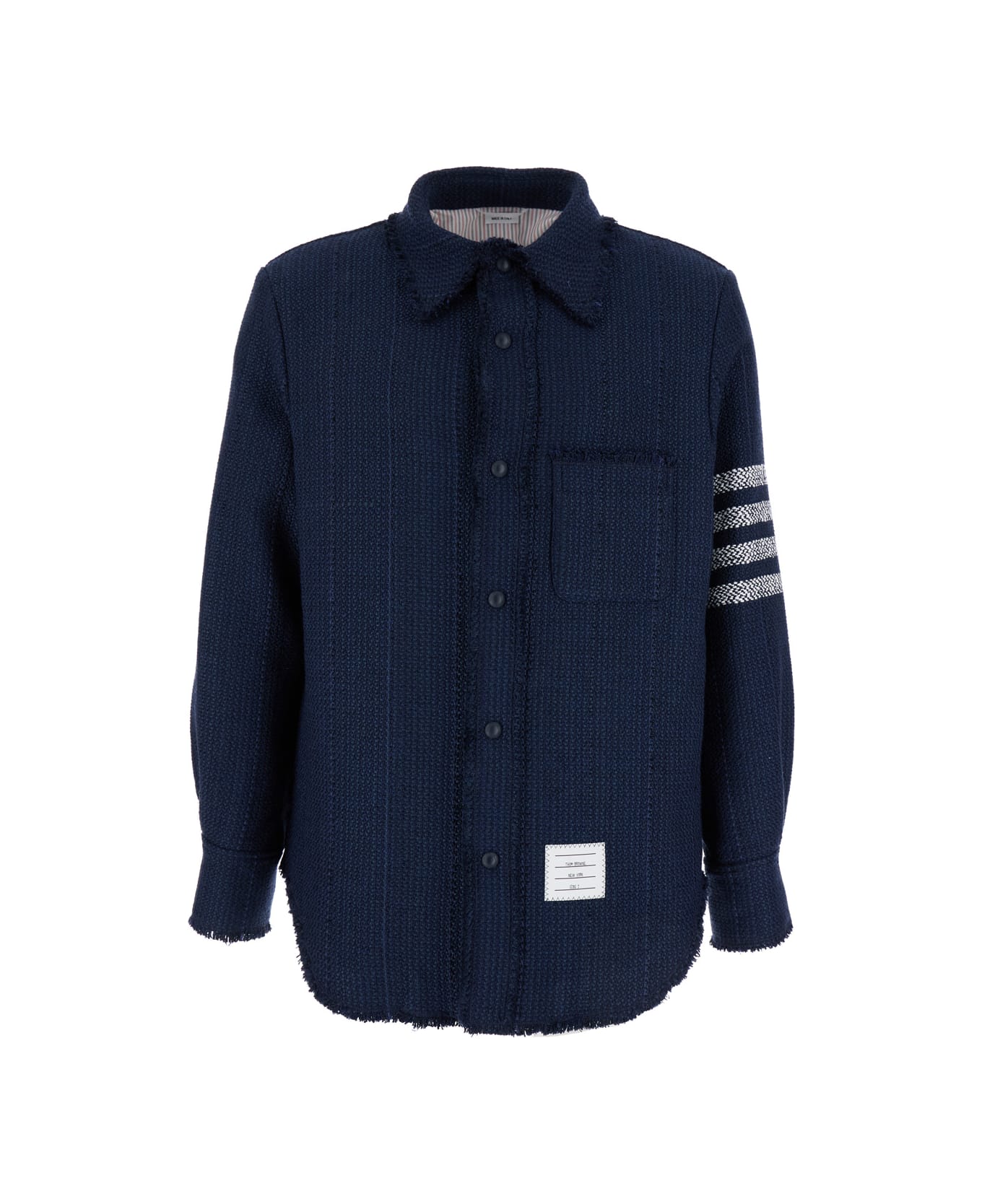 Thom Browne Snap Front Shirt Jacket W/fray Edge In Woven 4 Bar Solid Cotton Tweed - Blu