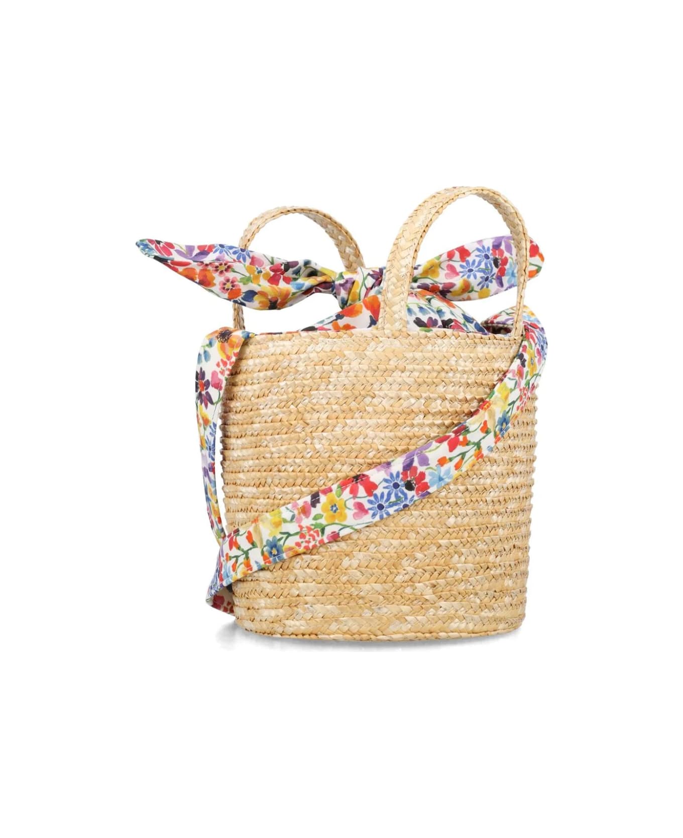 Il Gufo Liberty Fabric Cotton And Natural Straw Bucket Bag - Multicolour