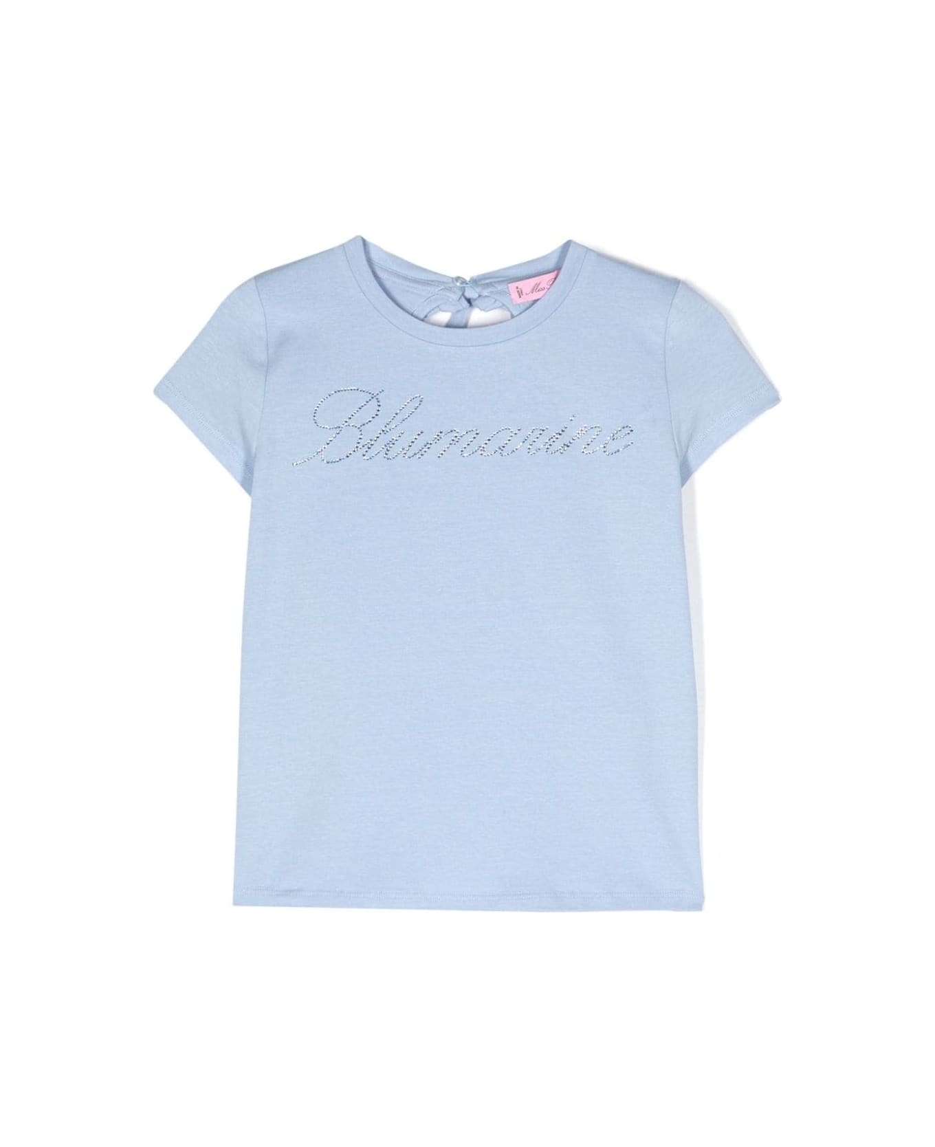 Miss Blumarine Light Blue T-shirt With Rhinestone Logo And Ruffle Detail - LIGHT BLUE