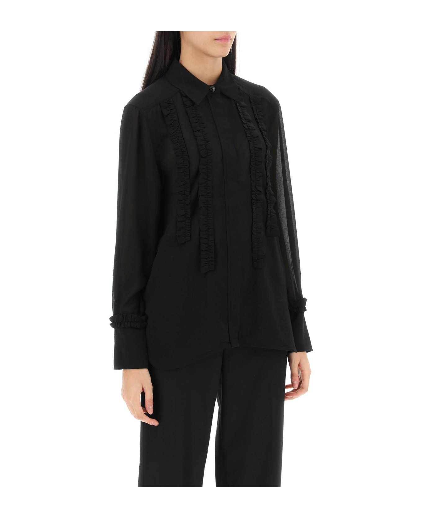 Ganni Ruffled Chiffon Shirt - BLACK (Black) シャツ