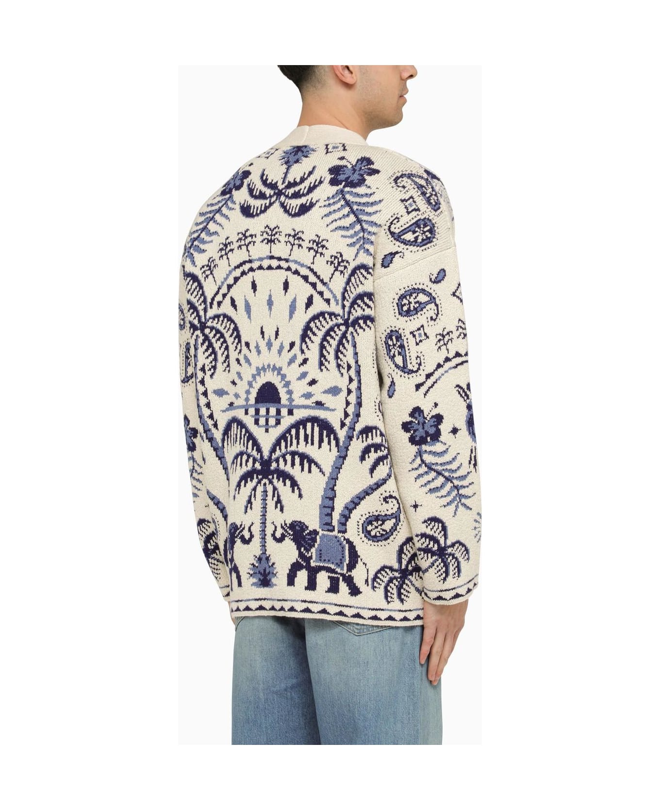Alanui White\/blue Jacquard Cardigan In Wool And Cotton - Sand
