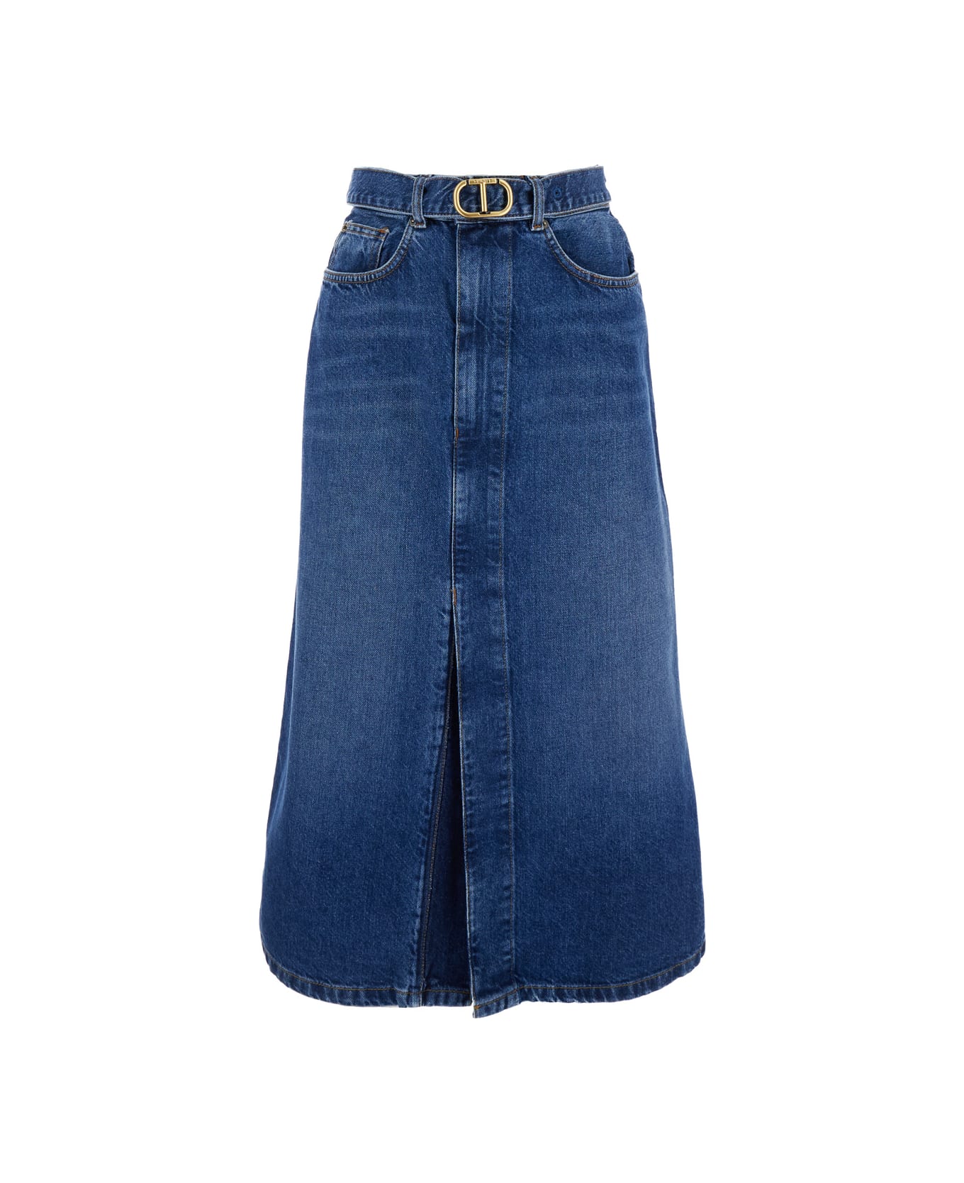 TwinSet Blue Denim Midi Skirt With Blet In Cotton Woman - Denim