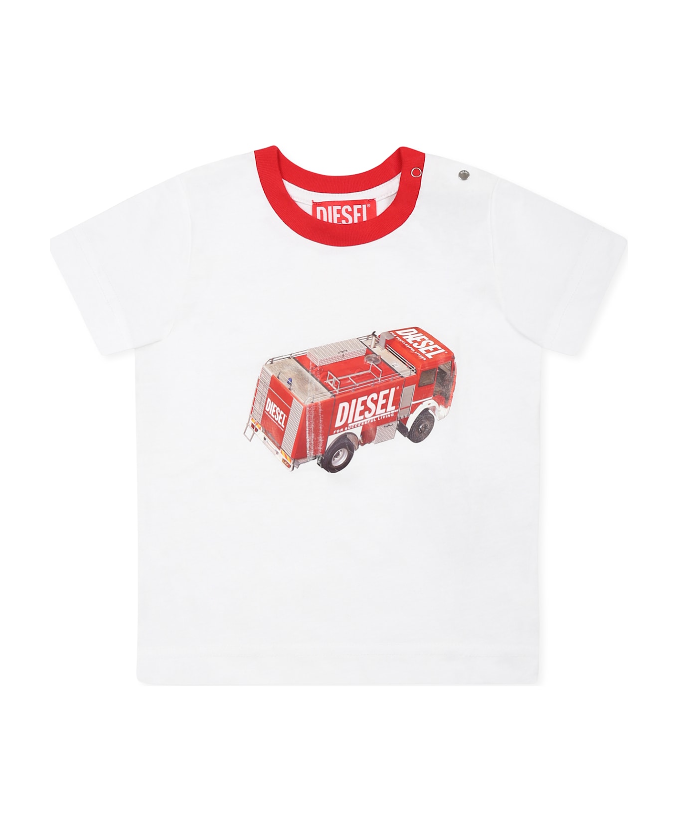 Diesel White T-shirt For Baby Boy With Fire Truck Print - White