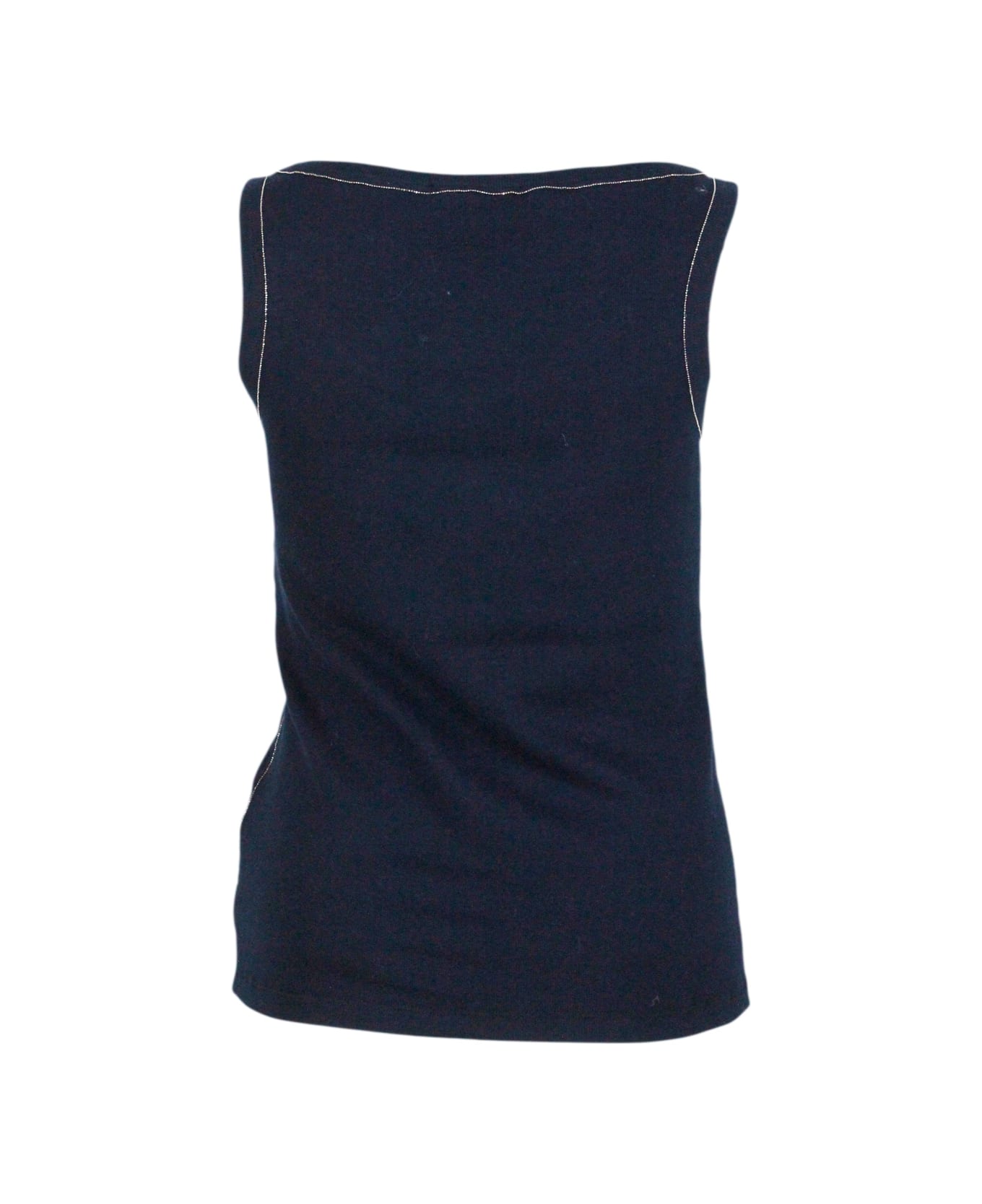 Fabiana Filippi Sleeveless T-shirt, Ribbed Cotton Tank Top With U-neck, Elbow-length Sleeves Embellished With Rows Of Monili On The Neck And Sides - Blu