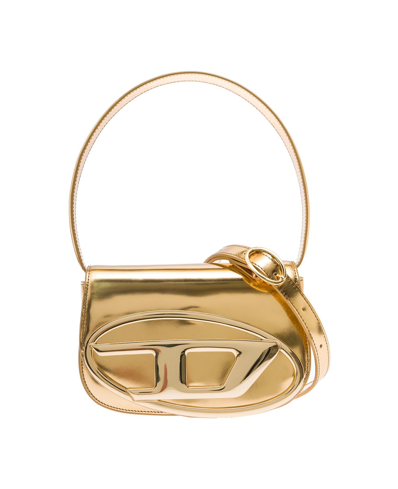 Diesel '1dr' Gold-colored Handbag With Electroplated Oval D Plaque In Glossy Mirrored-leather Woman - Metallic