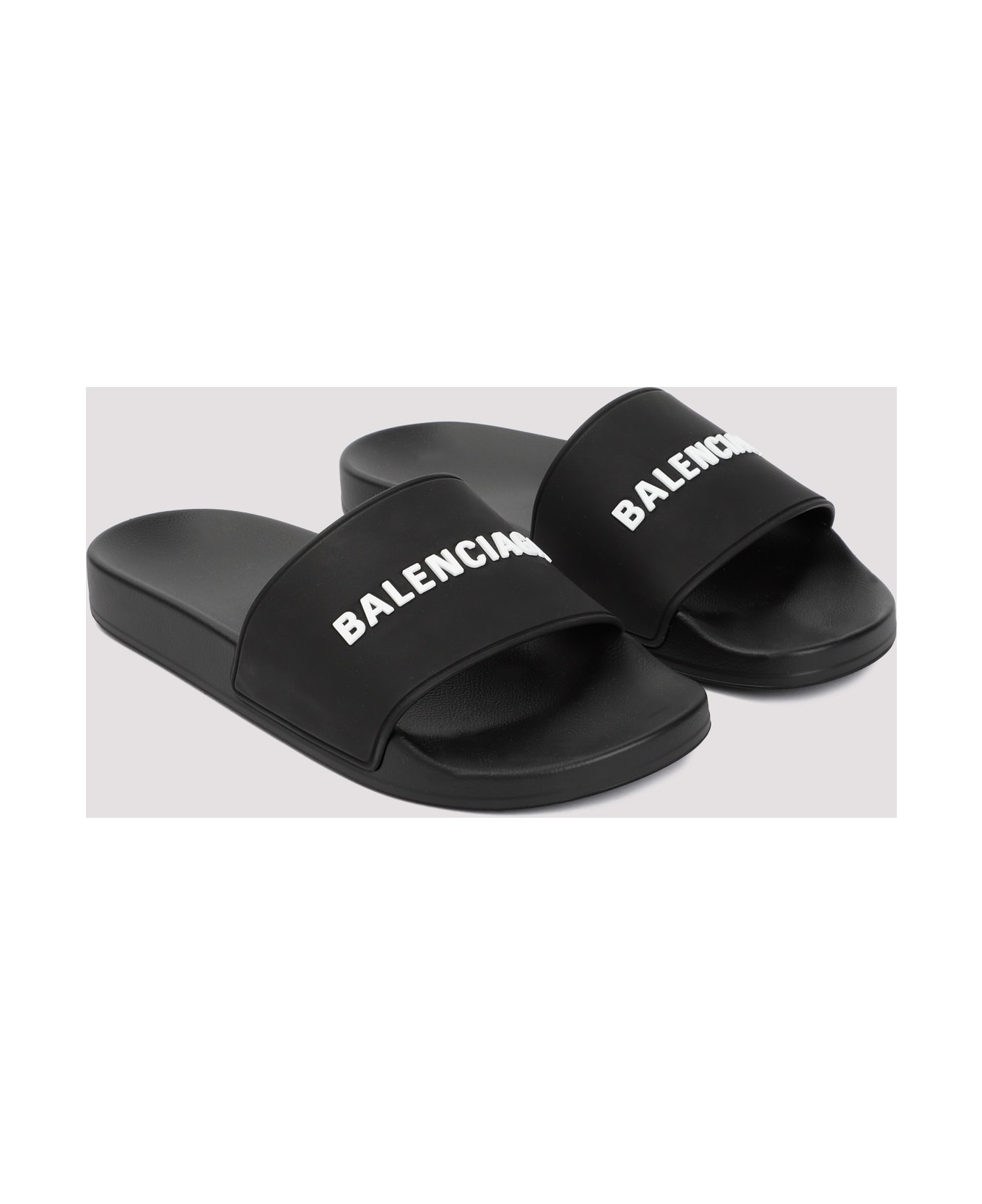 Balenciaga Pool Slide Logo Shoes - Black White