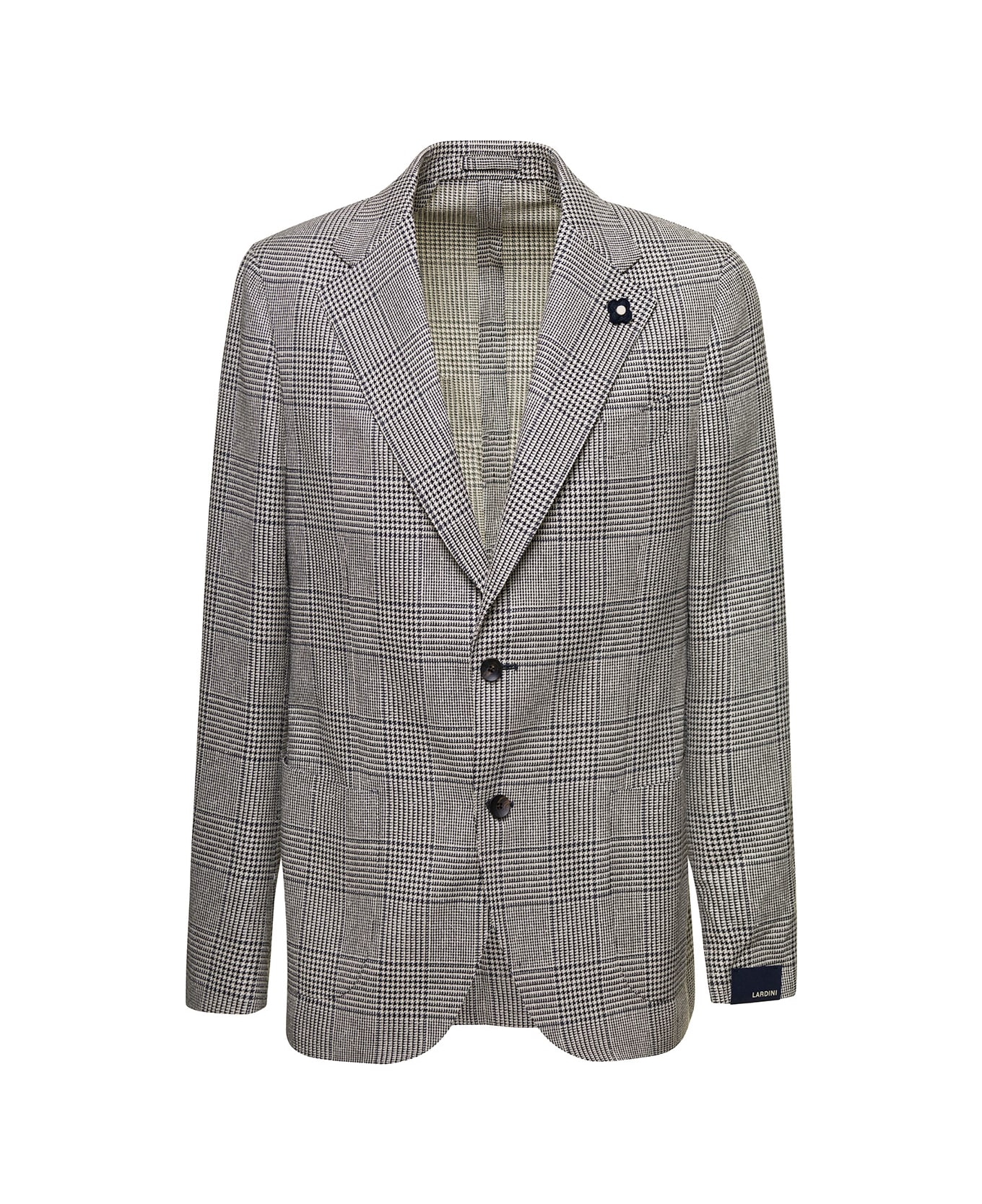 Lardini Grey Single-breasted Prince Of Wales Check Jacket With Iconic Pin In Wool And Silk Man - Grey
