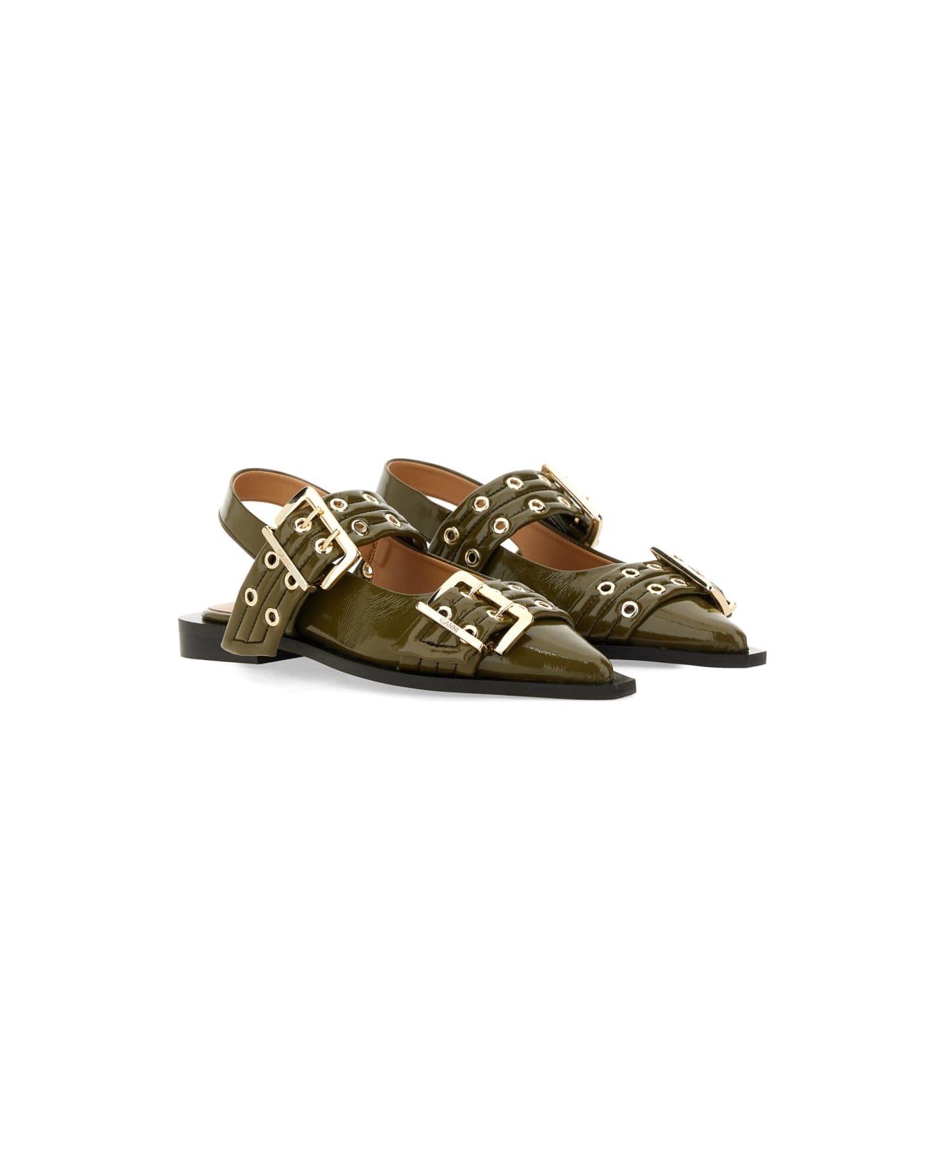 Ganni Buckle Ballerinas - Military Olive