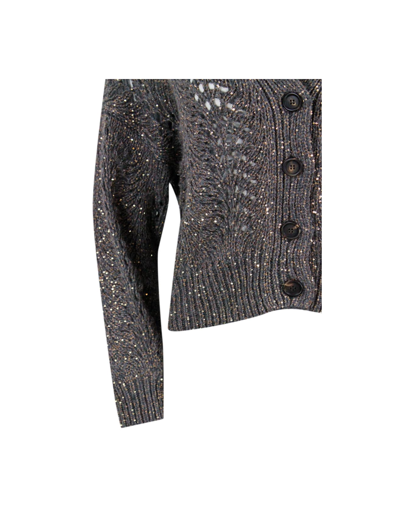 Brunello Cucinelli Cardigan Sweater With Buttons In Precious And Refined Feather Cashmere Embellished With A Dazzling Yarn With Sequins For A Shiny And Three-dimensional - Grey カーディガン