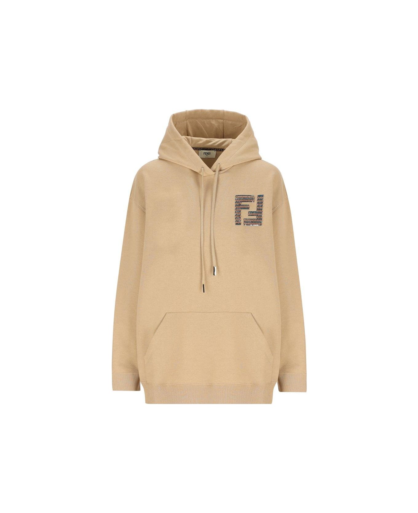 Fendi Ff Sequin-embellished Drawstring Hoodie - Beige